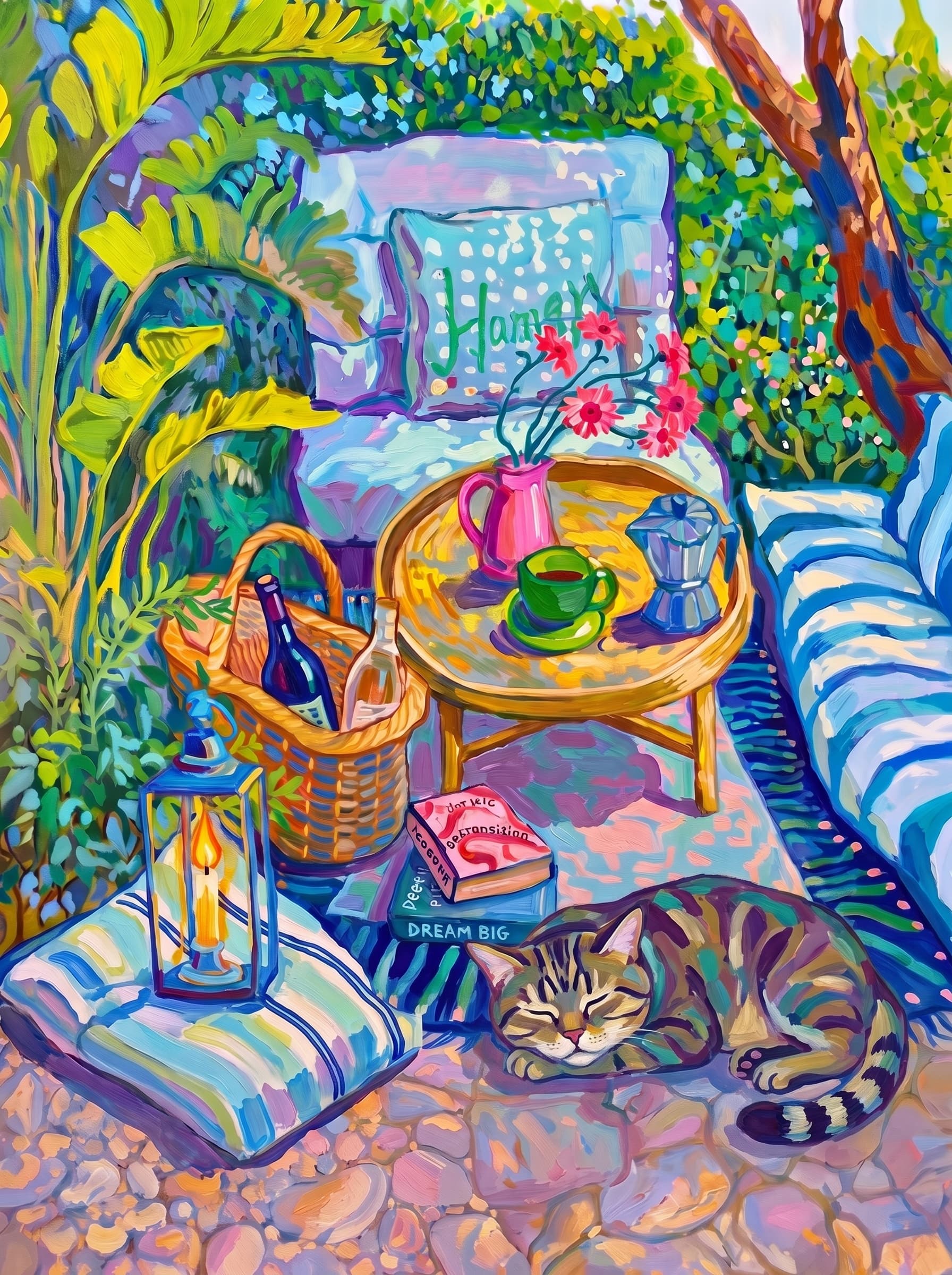 a cozy garden patio filled with lush tropical greenery, blue-and-white striped cushions, a round rattan table, picnic basket, lantern, books, flowers.
The pet is lazily resting in the foreground, almost fall asleep with a relaxed and content expression.
The composition feels intimate and inviting, with foliage and a tree trunk framing the scene, the circular table anchoring the center, and expressive brushwork plus dappled light creating a lively, relaxed outdoor atmosphere.
Art Style: Paint in Fauvism, post-impressionism style. Use simplified shapes, exaggerates color, and flattens perspective to create charm and personality.
Use saturated, non-naturalistic colors and flattened perspective reminiscent of Henri Matisse.
The brushwork is loose, visible, and painterly, with uneven strokes that give the surface texture and movement.
Paint with large areas of flat color patches, simplified shapes, bold decorative outlines, and minimal blending.
The composition is flattened and slightly distorted, with compressed perspective.
The painting is expressive, utilizing thick, confident strokes and quick, rhythmic marks that prioritize texture and visual energy over realistic blending or depth.