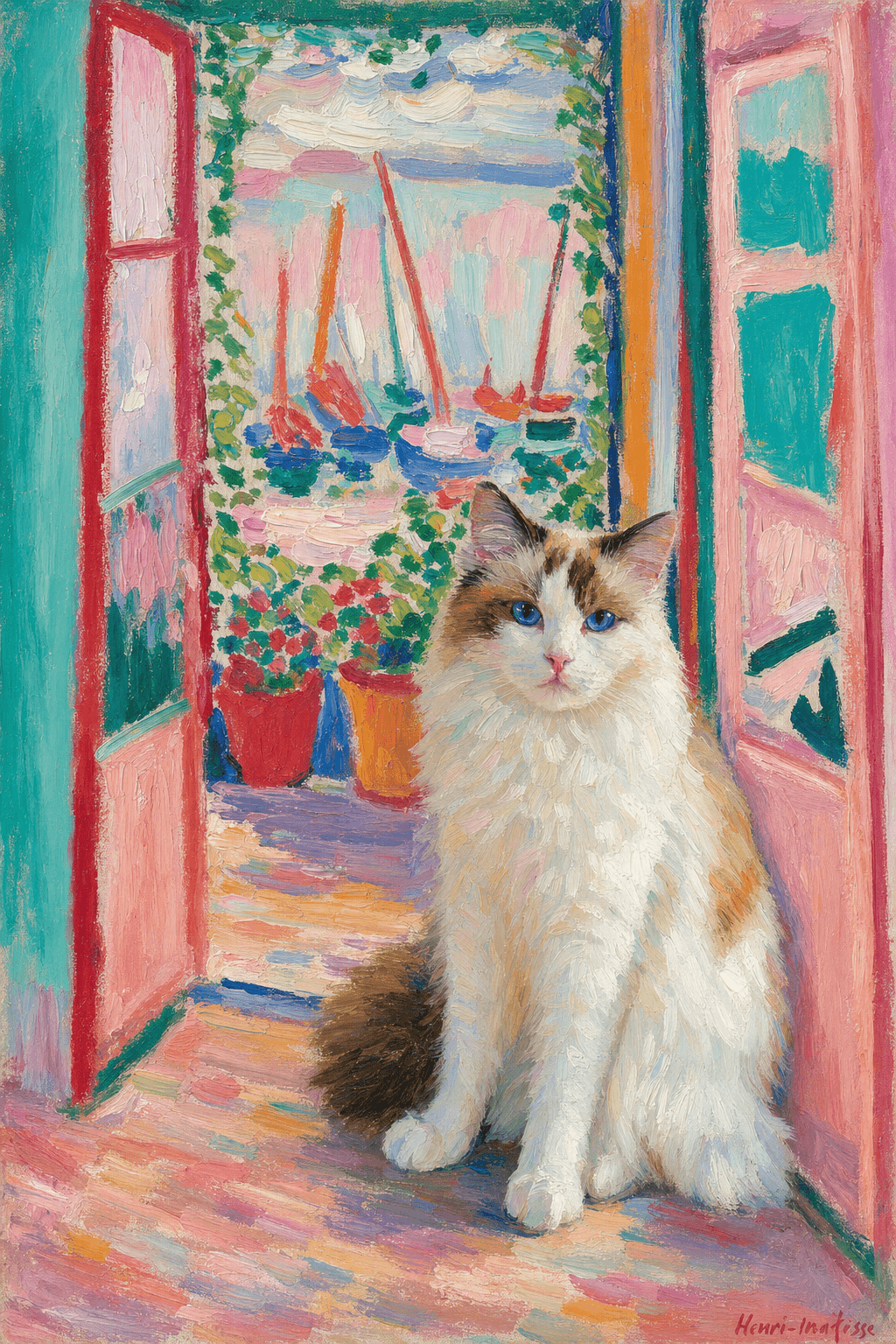 A pet sitting on the right bottom frame of an open door, with its back to the opening while facing the room, looking at the viewer, slight leaning on the right-side door panel. Paint in post-impressionism style. Use loosely painted, vibrantly colored, stylized, vertical painting.