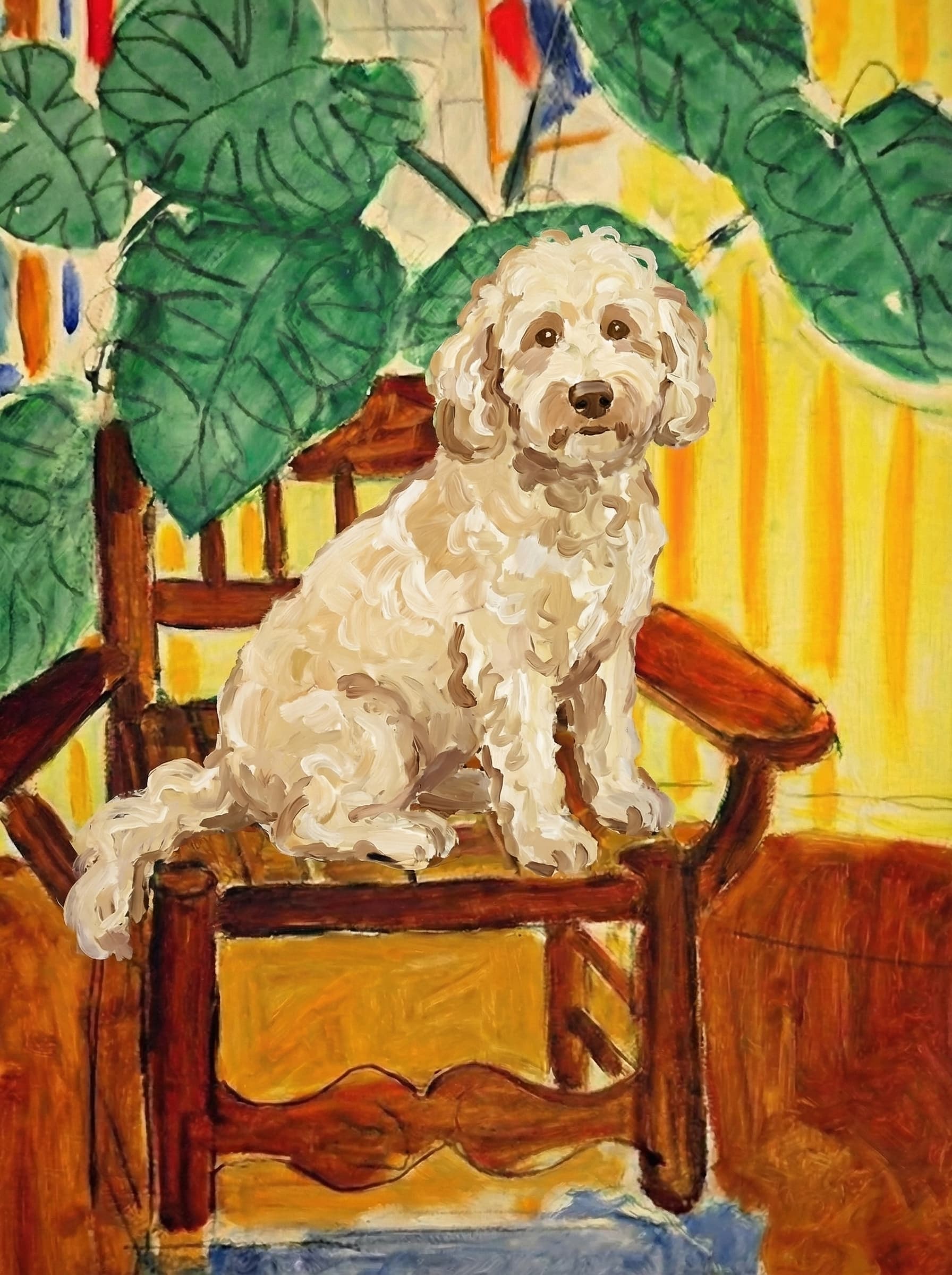 A pet sitting on a brown chair, looking at the viewer. Colors are applied with minimal blending, creating a flat, illustrative feel. The brushwork is broad, rapid, and direct. Strokes are loose, visible, applied thinly, defining the forms quickly without building up significant physical texture or impasto on the surface.