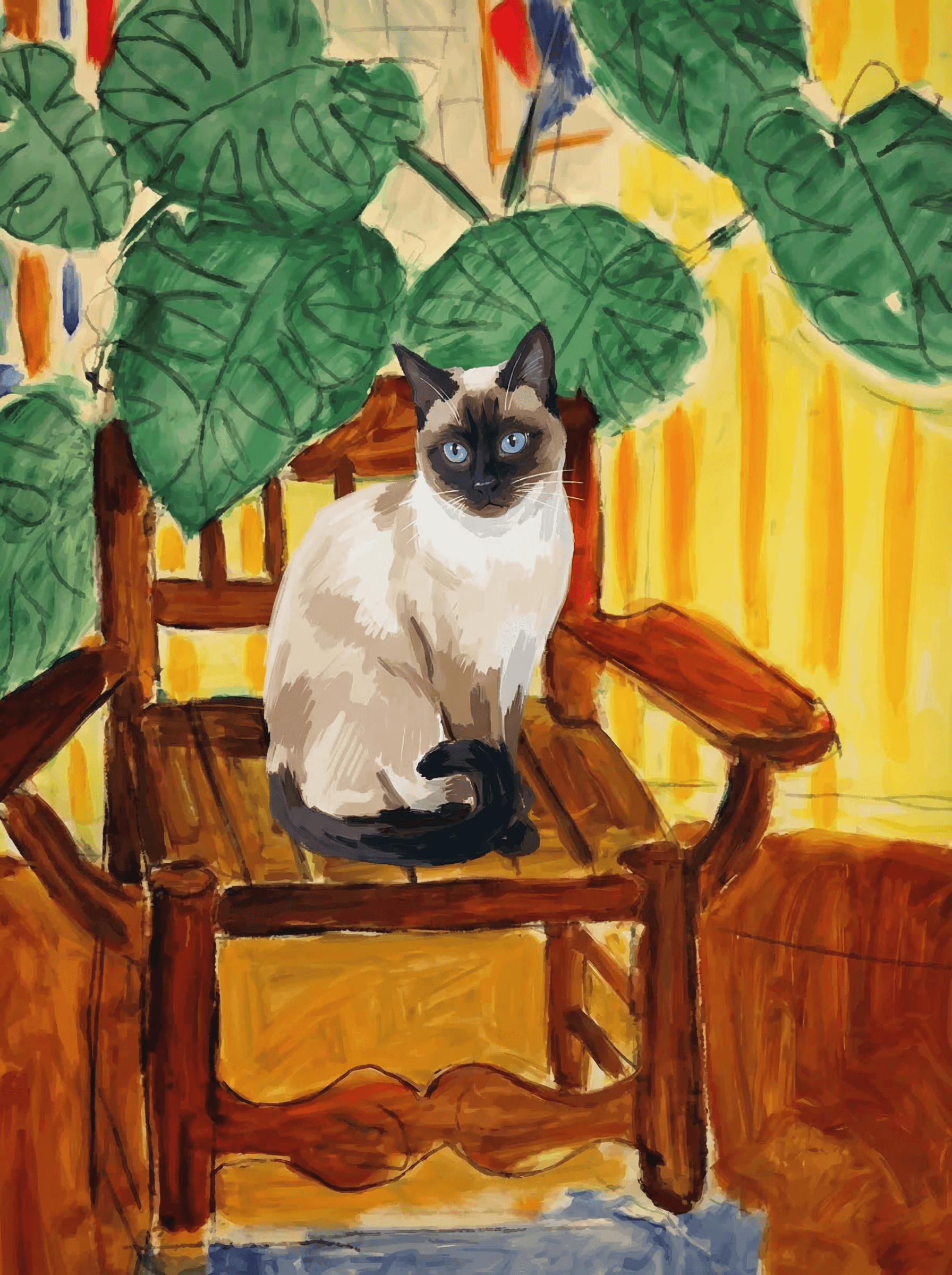 A pet sitting on a brown chair, looking at the viewer. Colors are applied with minimal blending, creating a flat, illustrative feel. The brushwork is broad, rapid, and direct. Strokes are loose, visible, applied thinly, defining the forms quickly without building up significant physical texture or impasto on the surface.
