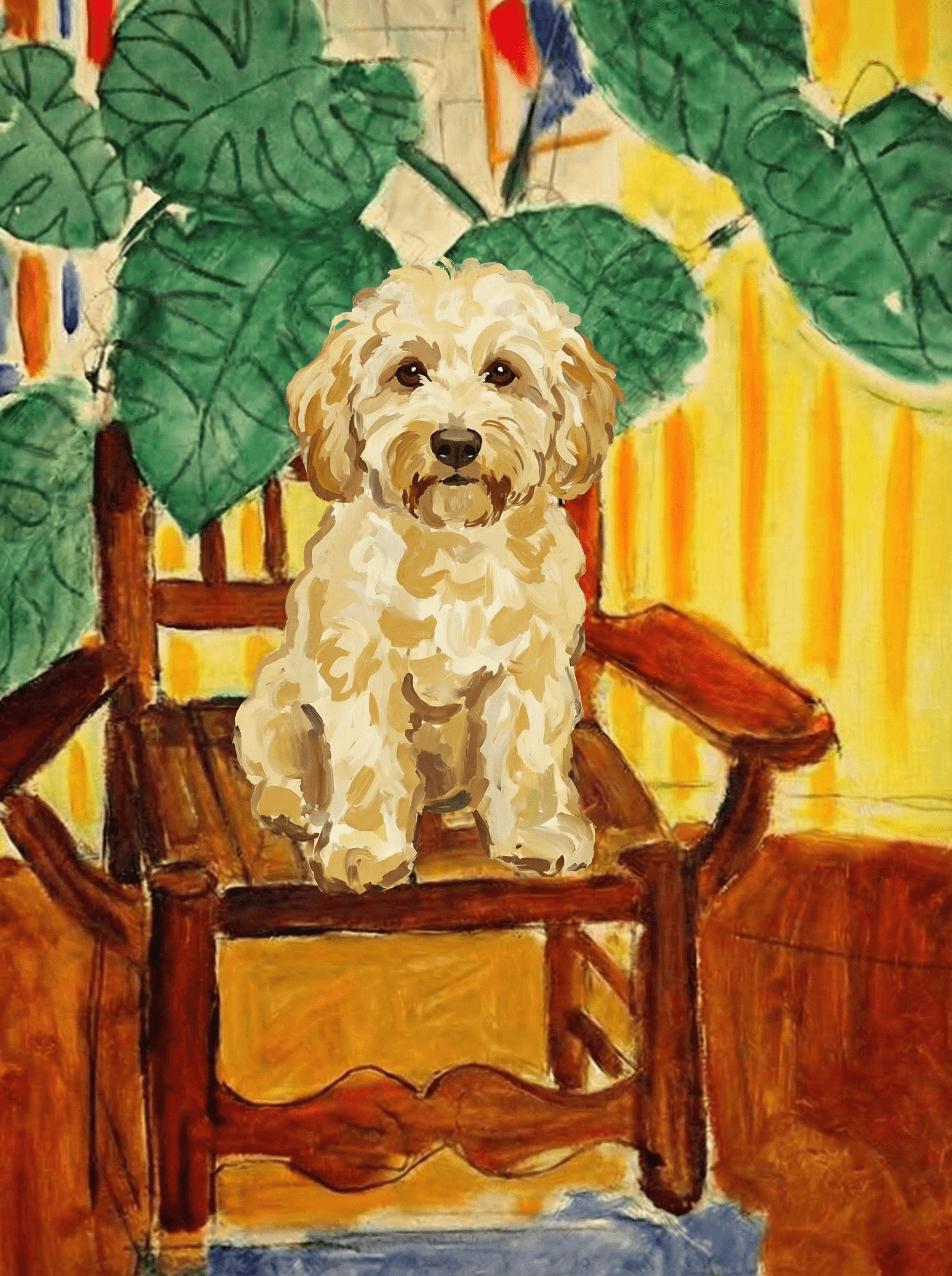 A pet sitting on a brown chair, looking at the viewer. Colors are applied with minimal blending, creating a flat, illustrative feel. The brushwork is broad, rapid, and direct. Strokes are loose, visible, applied thinly, defining the forms quickly without building up significant physical texture or impasto on the surface.