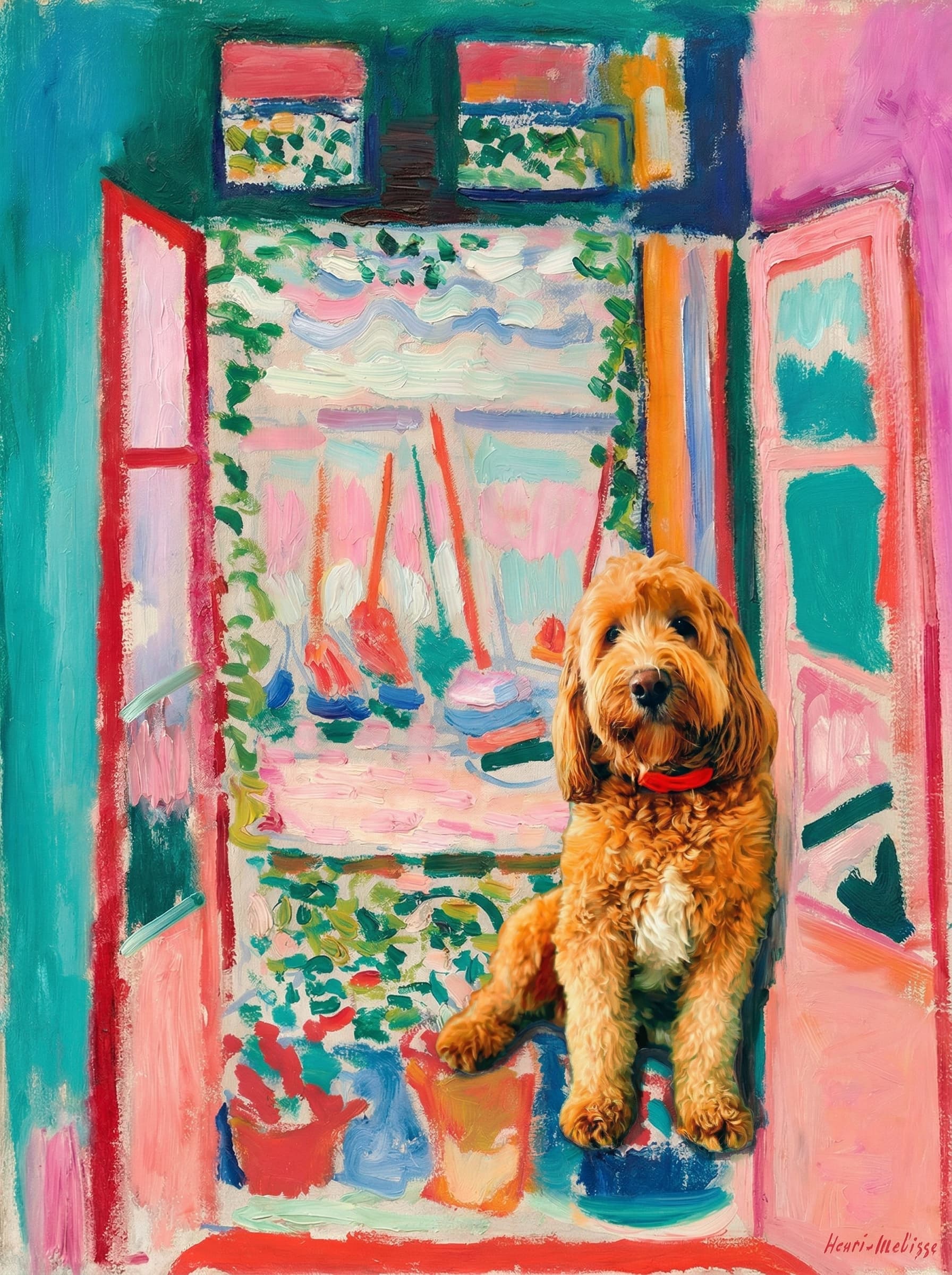 A pet sitting on the right bottom frame of an open door, with its back to the opening while facing the room, looking at the viewer, slight leaning on the right-side door panel. Paint in post-impressionism style. Use loosely painted, vibrantly colored, stylized, vertical painting.