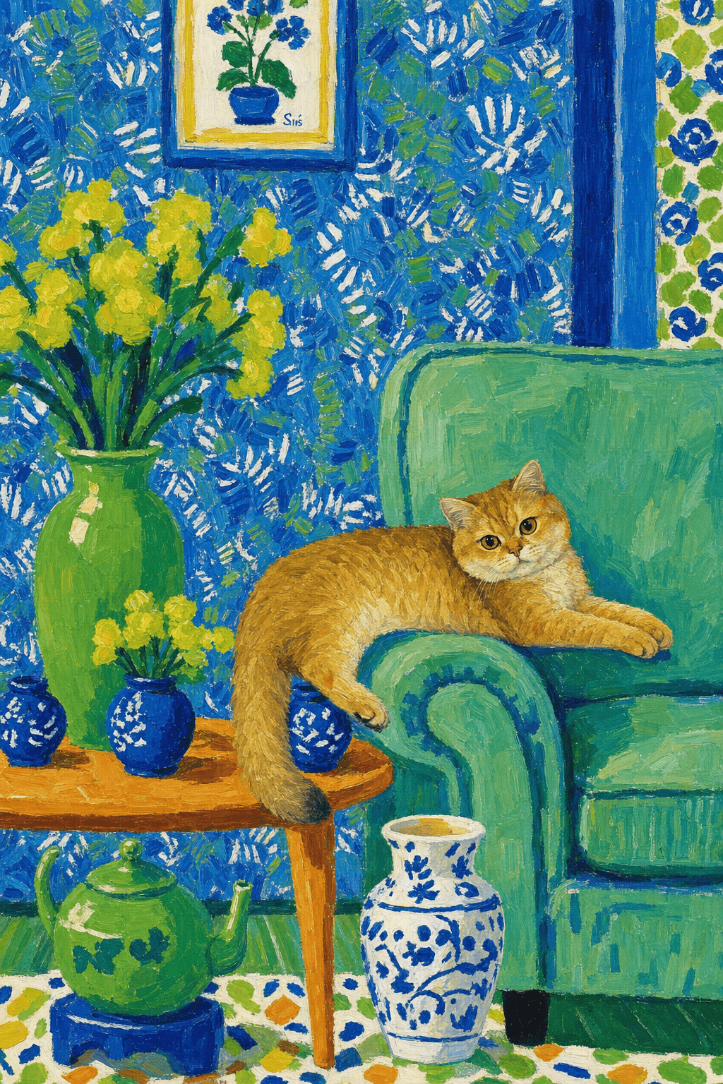 A pet lazy lying on the couch, with head tilt on the edge of couch, eye looking at the the vase. paint in post-impressionism style. Use saturated, non-naturalistic colors and flattened perspective reminiscent of Henri Matisse. painterly and expressive, utilizing thick, confident strokes and quick, rhythmic marks that prioritize texture and visual energy over realistic blending or depth.