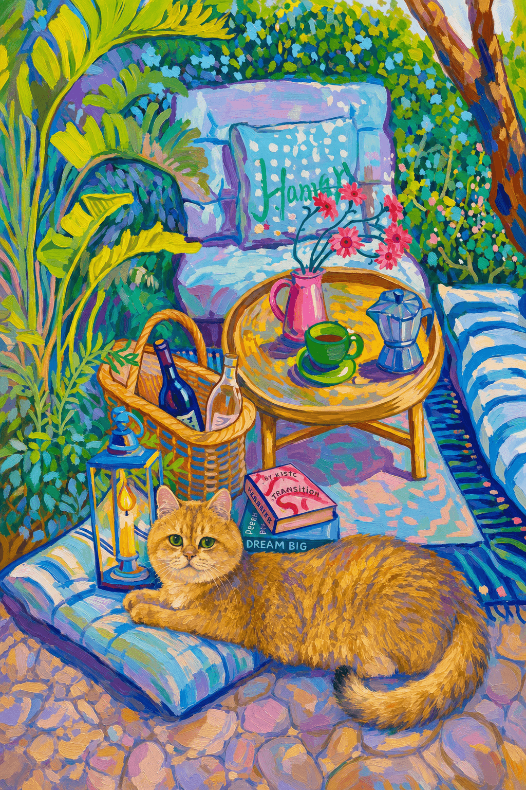 a cozy garden patio filled with lush tropical greenery, blue-and-white striped cushions, a round rattan table, picnic basket, lantern, books, flowers.
      The pet is lazily resting in the foreground, almost fall asleep with a relaxed and content expression.
      The composition feels intimate and inviting, with foliage and a tree trunk framing the scene, the circular table anchoring the center, and expressive brushwork plus dappled light creating a lively, relaxed outdoor atmosphere.
      Art Style: Paint in Fauvism, post-impressionism style. Use simplified shapes, exaggerates color, and flattens perspective to create charm and personality.
Use saturated, non-naturalistic colors and flattened perspective reminiscent of Henri Matisse.
The brushwork is loose, visible, and painterly, with uneven strokes that give the surface texture and movement.
Paint with large areas of flat color patches, simplified shapes, bold decorative outlines, and minimal blending.
The composition is flattened and slightly distorted, with compressed perspective.
The painting is expressive, utilizing thick, confident strokes and quick, rhythmic marks that prioritize texture and visual energy over realistic blending or depth.