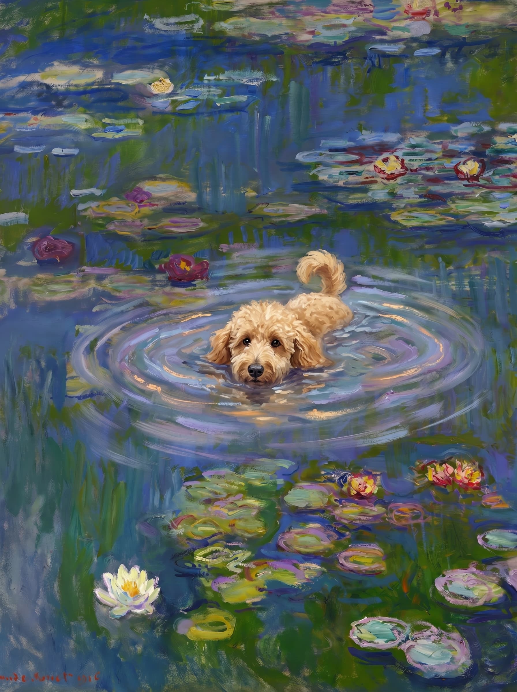 The pet should appear naturally integrated into the middle of the pond, swimming calmly through the water with only its head, upper neck, and a subtle suggestion of its back visible above the surface.
      The pet should be facing forward and looking directly at the viewer. Its wet fur should be suggested through painterly strokes.
      Blend the pet into the scene using Monet-like impressionist oil painting techniques: visible layered brushstrokes, soft broken color, blue-green reflections, violet shadows, golden-orange highlights, and shimmering ripples around the pet. 
      The water should partially obscure the pet’s body, with delicate circular ripples spreading outward. Nearby lily pads and water lilies should remain undisturbed but subtly interact with the ripples.
      The pet must feel like it was originally painted into the artwork, not pasted on top. Match the atmospheric softness, painterly texture, scale, perspective, and color harmony of the original Water Lilies painting. 
      Avoid photorealism, sharp outlines, modern digital effects, or excessive detail. The final image should look like a whimsical impressionist oil painting in the spirit of late Monet, with the pet quietly swimming among the lily pads at the center of the pond.
      Art Style: Paint in Fauvism, post-impressionism style. Use simplified shapes, exaggerates color, and flattens perspective to create charm and personality.
Use saturated, non-naturalistic colors and flattened perspective reminiscent of Henri Matisse.
The brushwork is loose, visible, and painterly, with uneven strokes that give the surface texture and movement.
Paint with large areas of flat color patches, simplified shapes, bold decorative outlines, and minimal blending.
The composition is flattened and slightly distorted, with compressed perspective.
The painting is expressive, utilizing thick, confident strokes and quick, rhythmic marks that prioritize texture and visual energy over realistic blending or depth.