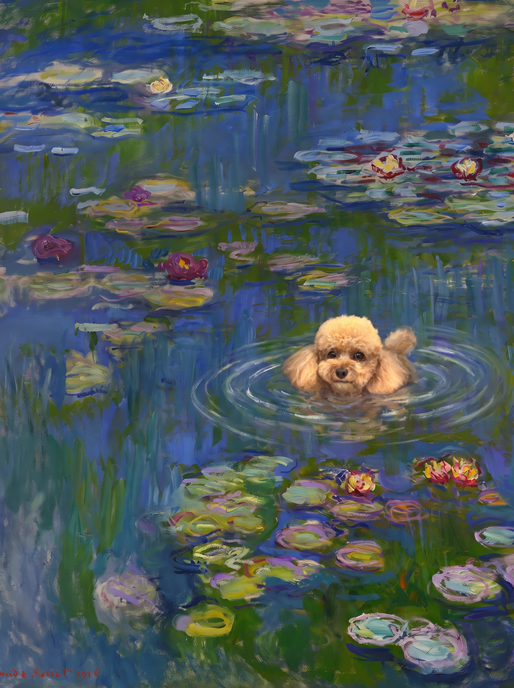 The pet should appear naturally integrated into the middle of the pond, swimming calmly through the water with only its head, upper neck, and a subtle suggestion of its back visible above the surface.
      The pet should be facing forward and looking directly at the viewer. Its wet fur should be suggested through painterly strokes.
      Blend the pet into the scene using Monet-like impressionist oil painting techniques: visible layered brushstrokes, soft broken color, blue-green reflections, violet shadows, golden-orange highlights, and shimmering ripples around the pet. 
      The water should partially obscure the pet’s body, with delicate circular ripples spreading outward. Nearby lily pads and water lilies should remain undisturbed but subtly interact with the ripples.
      The pet must feel like it was originally painted into the artwork, not pasted on top. Match the atmospheric softness, painterly texture, scale, perspective, and color harmony of the original Water Lilies painting. 
      Avoid photorealism, sharp outlines, modern digital effects, or excessive detail. The final image should look like a whimsical impressionist oil painting in the spirit of late Monet, with the pet quietly swimming among the lily pads at the center of the pond.
      Art Style: Paint in Fauvism, post-impressionism style. Use simplified shapes, exaggerates color, and flattens perspective to create charm and personality.
Use saturated, non-naturalistic colors and flattened perspective reminiscent of Henri Matisse.
The brushwork is loose, visible, and painterly, with uneven strokes that give the surface texture and movement.
Paint with large areas of flat color patches, simplified shapes, bold decorative outlines, and minimal blending.
The composition is flattened and slightly distorted, with compressed perspective.
The painting is expressive, utilizing thick, confident strokes and quick, rhythmic marks that prioritize texture and visual energy over realistic blending or depth.