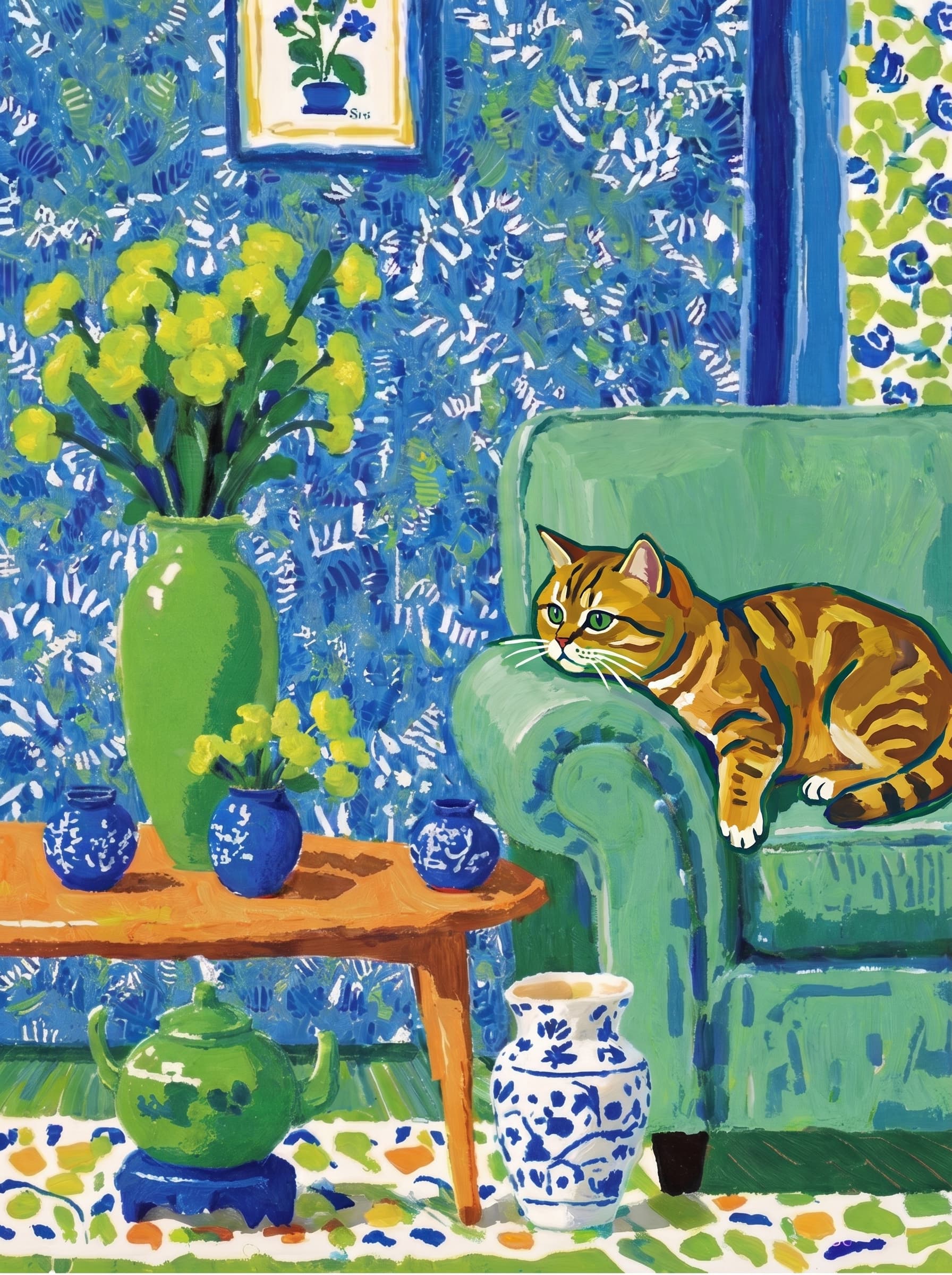 A pet lazy lying on the couch, with head tilt on the edge of couch, eye looking at the the vase. Art Style: Paint in Fauvism, post-impressionism style. Use simplified shapes, exaggerates color, and flattens perspective to create charm and personality.
Use saturated, non-naturalistic colors and flattened perspective reminiscent of Henri Matisse.
The brushwork is loose, visible, and painterly, with uneven strokes that give the surface texture and movement.
Paint with large areas of flat color patches, simplified shapes, bold decorative outlines, and minimal blending.
The composition is flattened and slightly distorted, with compressed perspective.
The painting is expressive, utilizing thick, confident strokes and quick, rhythmic marks that prioritize texture and visual energy over realistic blending or depth.