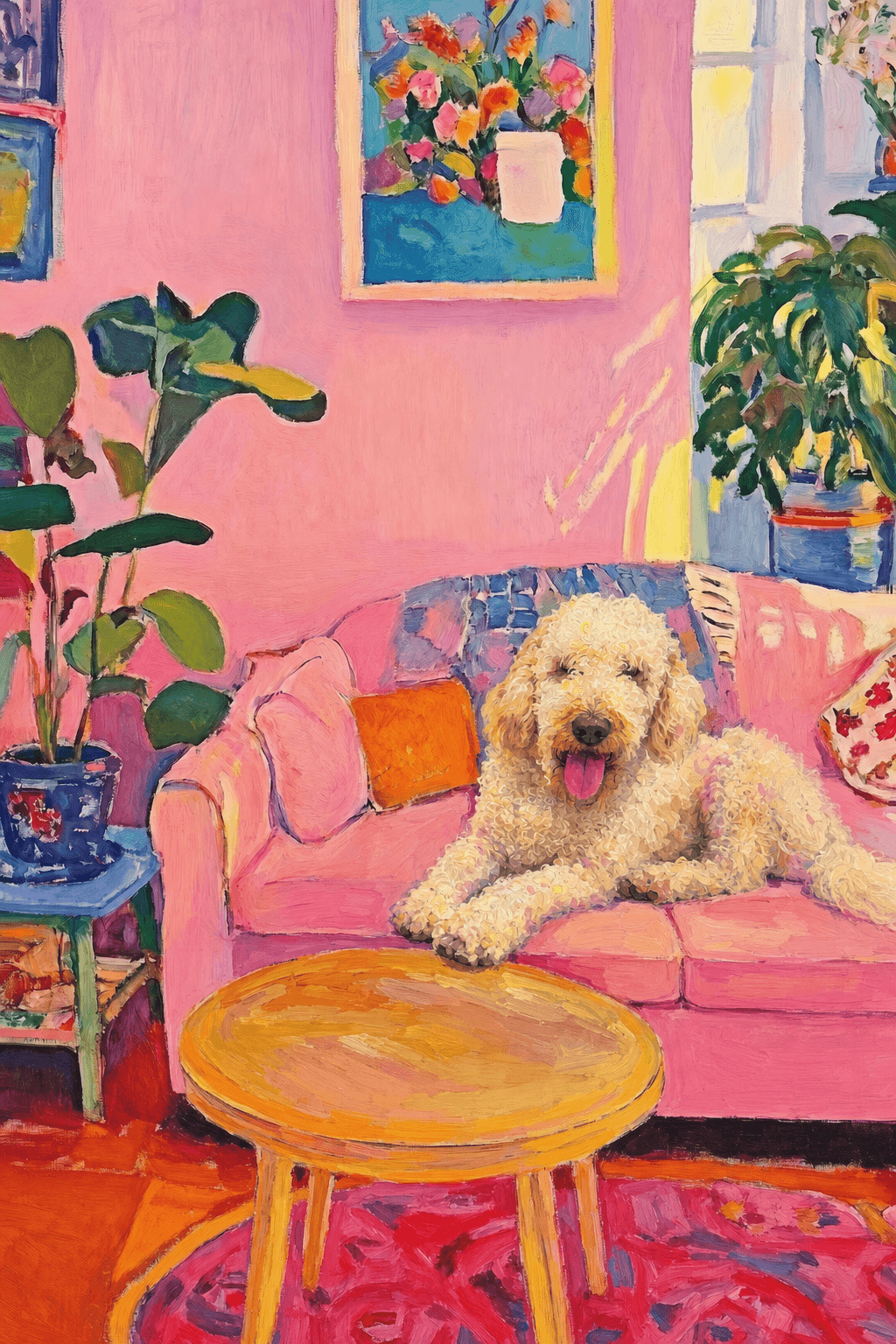 The painting shows a cozy, colorful interior with a warm pink wall and a large pink sofa in the foreground. 
      The pet is resting lazily on a bright pink velvet sofa. The pet’s looked completely relaxed and content. 
      The overall mood is cheerful and intimate, with bold outlines, visible brushstrokes, and slightly simplified forms. 
      Art Style: Paint in Fauvism, post-impressionism style. Use simplified shapes, exaggerates color, and flattens perspective to create charm and personality.
Use saturated, non-naturalistic colors and flattened perspective reminiscent of Henri Matisse.
The brushwork is loose, visible, and painterly, with uneven strokes that give the surface texture and movement.
Paint with large areas of flat color patches, simplified shapes, bold decorative outlines, and minimal blending.
The composition is flattened and slightly distorted, with compressed perspective.
The painting is expressive, utilizing thick, confident strokes and quick, rhythmic marks that prioritize texture and visual energy over realistic blending or depth.