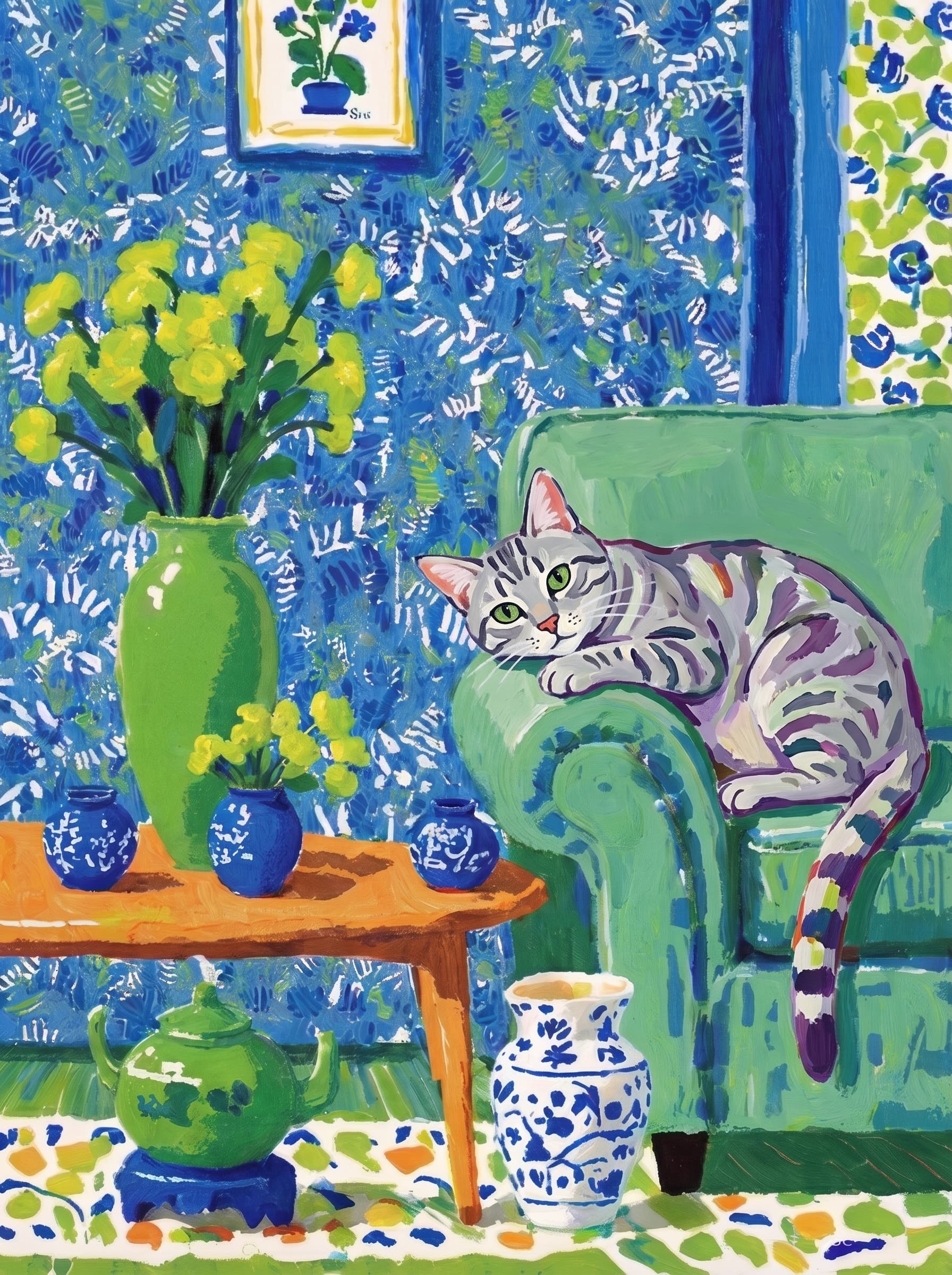 A pet lazy lying on the couch, with head tilt on the edge of couch, eye looking at the the vase. Art Style: Paint in Fauvism, post-impressionism style. Use simplified shapes, exaggerates color, and flattens perspective to create charm and personality.
Use saturated, non-naturalistic colors and flattened perspective reminiscent of Henri Matisse.
The brushwork is loose, visible, and painterly, with uneven strokes that give the surface texture and movement.
Paint with large areas of flat color patches, simplified shapes, bold decorative outlines, and minimal blending.
The composition is flattened and slightly distorted, with compressed perspective.
The painting is expressive, utilizing thick, confident strokes and quick, rhythmic marks that prioritize texture and visual energy over realistic blending or depth.