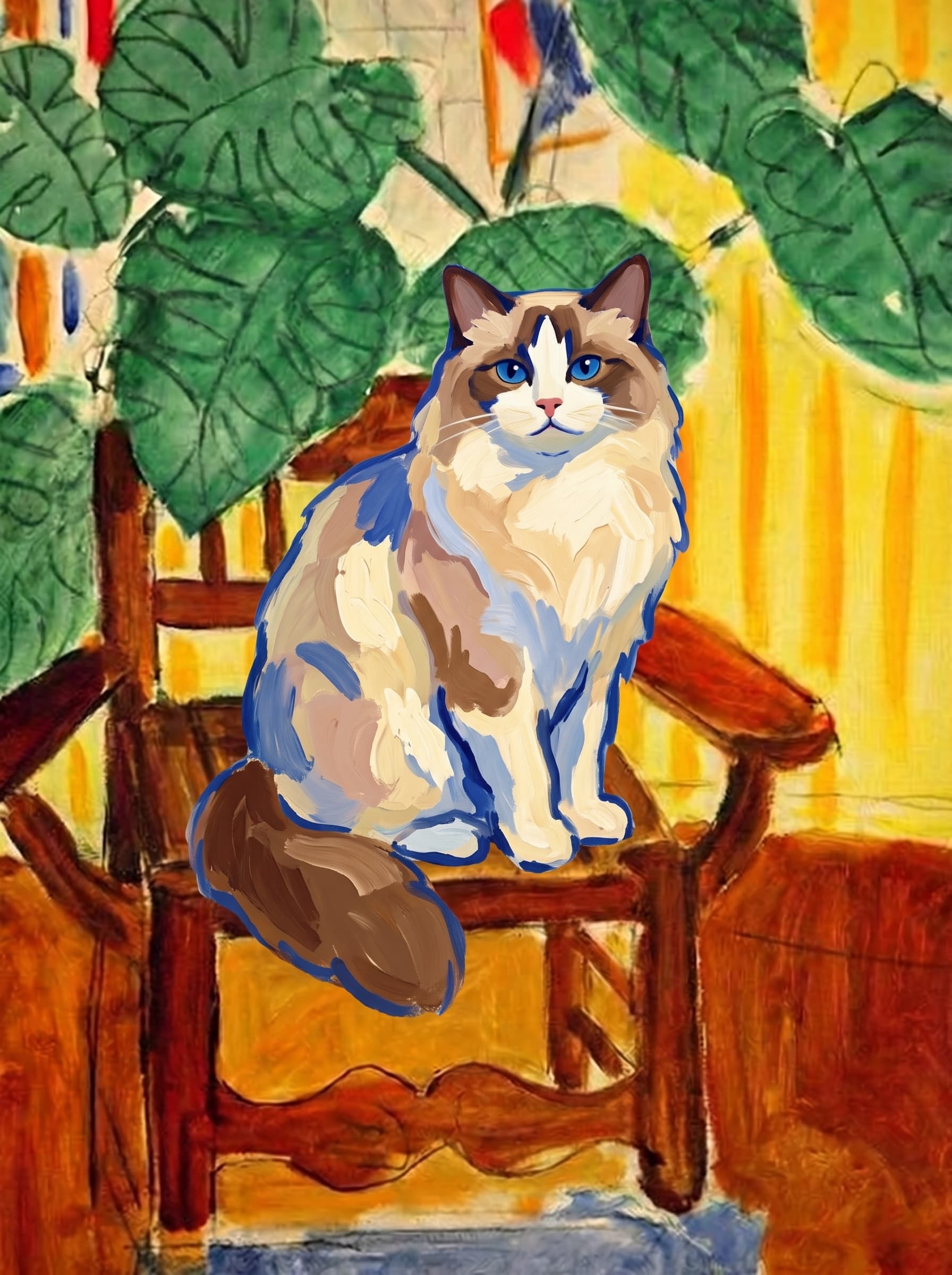 A pet sitting on a brown chair, looking at the viewer. Art Style: Paint in Fauvism, post-impressionism style. Use simplified shapes, exaggerates color, and flattens perspective to create charm and personality.
Use saturated, non-naturalistic colors and flattened perspective reminiscent of Henri Matisse.
The brushwork is loose, visible, and painterly, with uneven strokes that give the surface texture and movement.
Paint with large areas of flat color patches, simplified shapes, bold decorative outlines, and minimal blending.
The composition is flattened and slightly distorted, with compressed perspective.
The painting is expressive, utilizing thick, confident strokes and quick, rhythmic marks that prioritize texture and visual energy over realistic blending or depth.