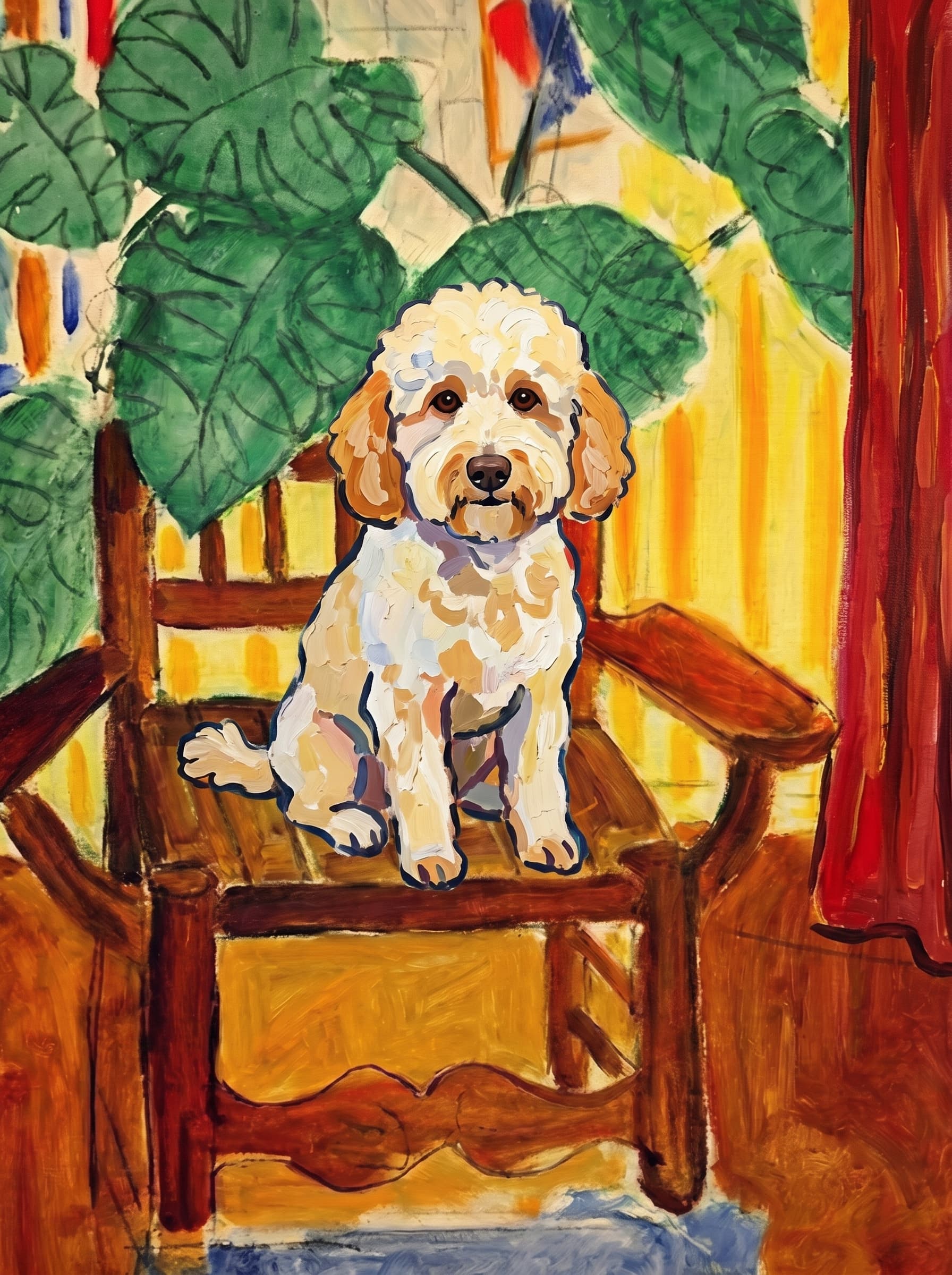 A pet sitting on a brown chair, looking at the viewer. Art Style: Paint in Fauvism, post-impressionism style. Use simplified shapes, exaggerates color, and flattens perspective to create charm and personality.
Use saturated, non-naturalistic colors and flattened perspective reminiscent of Henri Matisse.
The brushwork is loose, visible, and painterly, with uneven strokes that give the surface texture and movement.
Paint with large areas of flat color patches, simplified shapes, bold decorative outlines, and minimal blending.
The composition is flattened and slightly distorted, with compressed perspective.
The painting is expressive, utilizing thick, confident strokes and quick, rhythmic marks that prioritize texture and visual energy over realistic blending or depth.