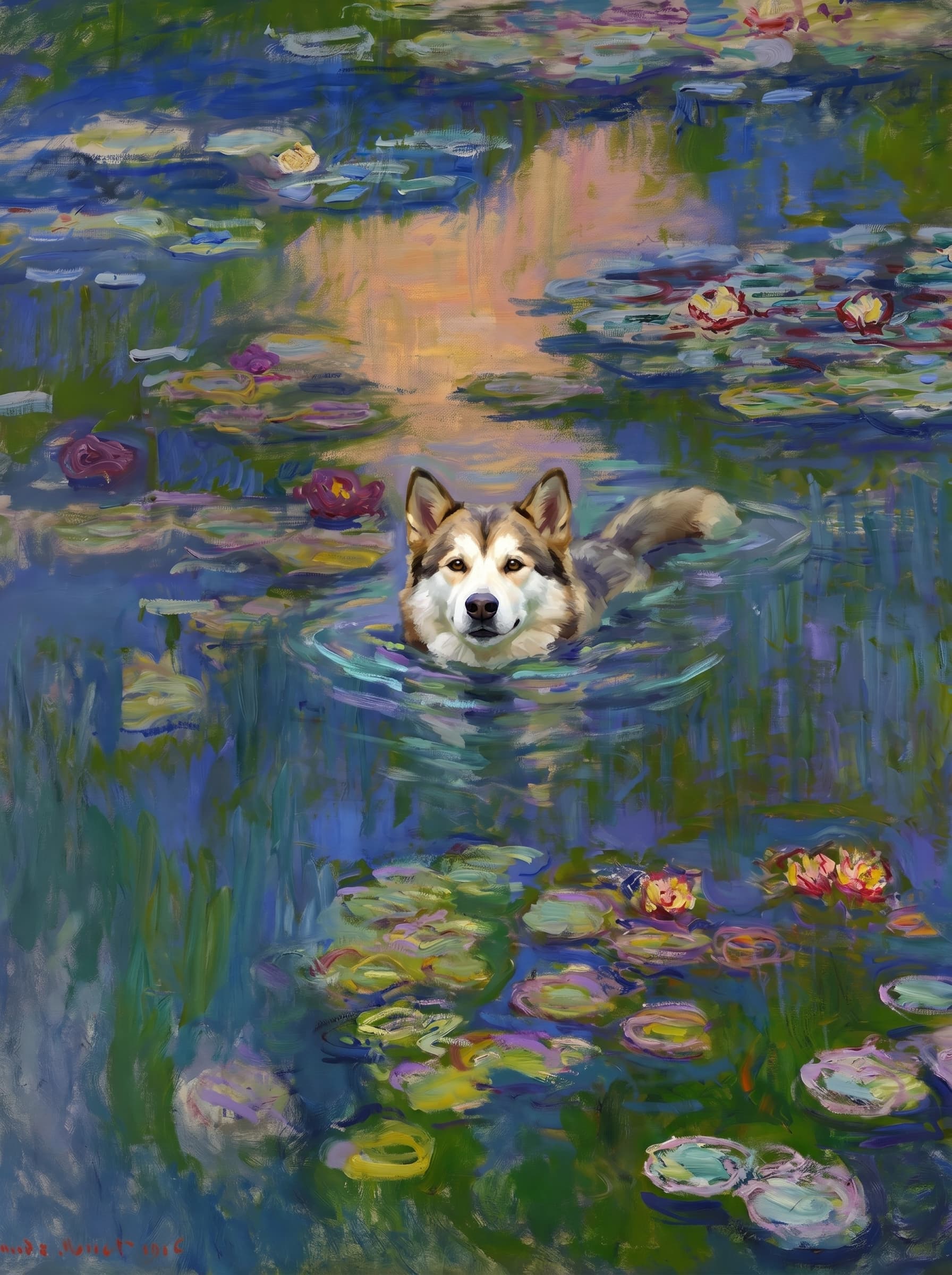 The pet should appear naturally integrated into the middle of the pond, swimming calmly through the water with only its head, upper neck, and a subtle suggestion of its back visible above the surface.
      The pet should be facing forward and looking directly at the viewer. Its wet fur should be suggested through painterly strokes.
      Blend the pet into the scene using Monet-like impressionist oil painting techniques: visible layered brushstrokes, soft broken color, blue-green reflections, violet shadows, golden-orange highlights, and shimmering ripples around the pet. 
      The water should partially obscure the pet’s body, with delicate circular ripples spreading outward. Nearby lily pads and water lilies should remain undisturbed but subtly interact with the ripples.
      The pet must feel like it was originally painted into the artwork, not pasted on top. Match the atmospheric softness, painterly texture, scale, perspective, and color harmony of the original Water Lilies painting. 
      Avoid photorealism, sharp outlines, modern digital effects, or excessive detail. The final image should look like a whimsical impressionist oil painting in the spirit of late Monet, with the pet quietly swimming among the lily pads at the center of the pond.
      Art Style: Paint in Fauvism, post-impressionism style. Use simplified shapes, exaggerates color, and flattens perspective to create charm and personality.
Use saturated, non-naturalistic colors and flattened perspective reminiscent of Henri Matisse.
The brushwork is loose, visible, and painterly, with uneven strokes that give the surface texture and movement.
Paint with large areas of flat color patches, simplified shapes, bold decorative outlines, and minimal blending.
The composition is flattened and slightly distorted, with compressed perspective.
The painting is expressive, utilizing thick, confident strokes and quick, rhythmic marks that prioritize texture and visual energy over realistic blending or depth.