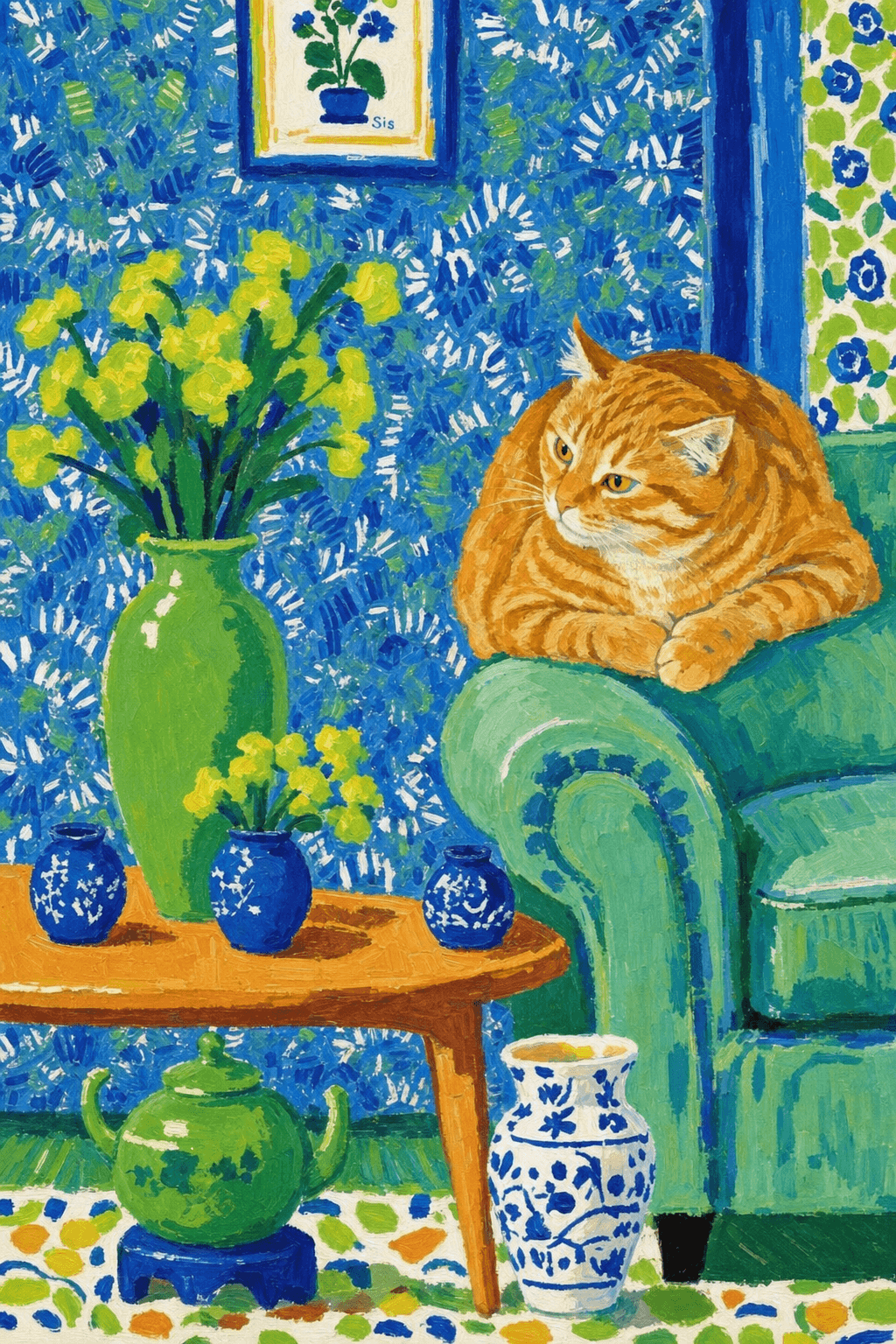 A pet lazy lying on the couch, with head tilt on the edge of couch, eye looking at the the vase. paint in post-impressionism style. Use saturated, non-naturalistic colors and flattened perspective reminiscent of Henri Matisse. painterly and expressive, utilizing thick, confident strokes and quick, rhythmic marks that prioritize texture and visual energy over realistic blending or depth.