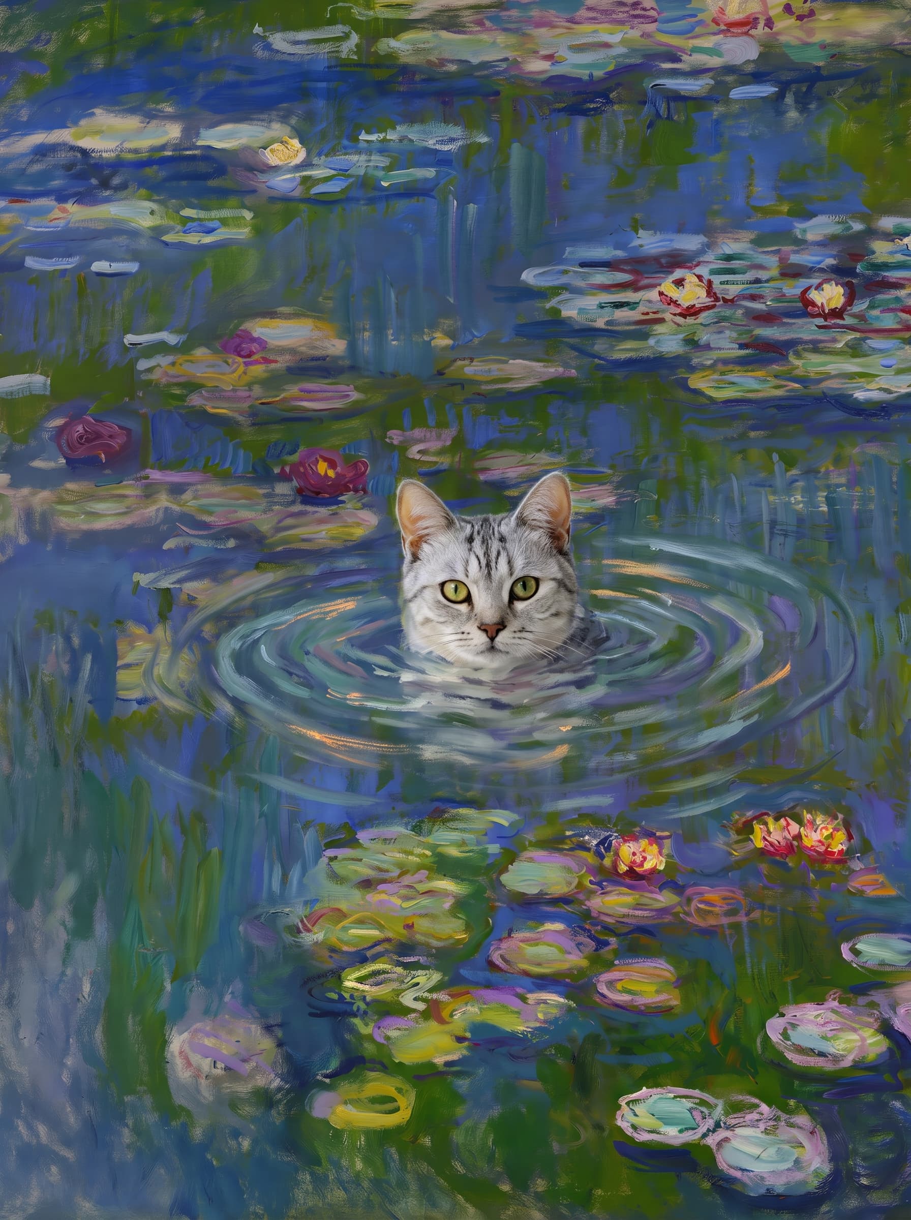 The pet should appear naturally integrated into the middle of the pond, swimming calmly through the water with only its head, upper neck, and a subtle suggestion of its back visible above the surface.
The pet should be facing forward and looking directly at the viewer. Its wet fur should be suggested through painterly strokes.
Blend the pet into the scene using Monet-like impressionist oil painting techniques: visible layered brushstrokes, soft broken color, blue-green reflections, violet shadows, golden-orange highlights, and shimmering ripples around the pet.
The water should partially obscure the pet’s body, with delicate circular ripples spreading outward. Nearby lily pads and water lilies should remain undisturbed but subtly interact with the ripples.
The pet must feel like it was originally painted into the artwork, not pasted on top. Match the atmospheric softness, painterly texture, scale, perspective, and color harmony of the original Water Lilies painting.
Avoid photorealism, sharp outlines, modern digital effects, or excessive detail. The final image should look like a whimsical impressionist oil painting in the spirit of late Monet, with the pet quietly swimming among the lily pads at the center of the pond.
Art Style: Paint in Fauvism, post-impressionism style. Use simplified shapes, exaggerates color, and flattens perspective to create charm and personality.
Use saturated, non-naturalistic colors and flattened perspective reminiscent of Henri Matisse.
The brushwork is loose, visible, and painterly, with uneven strokes that give the surface texture and movement.
Paint with large areas of flat color patches, simplified shapes, bold decorative outlines, and minimal blending.
The composition is flattened and slightly distorted, with compressed perspective.
The painting is expressive, utilizing thick, confident strokes and quick, rhythmic marks that prioritize texture and visual energy over realistic blending or depth.