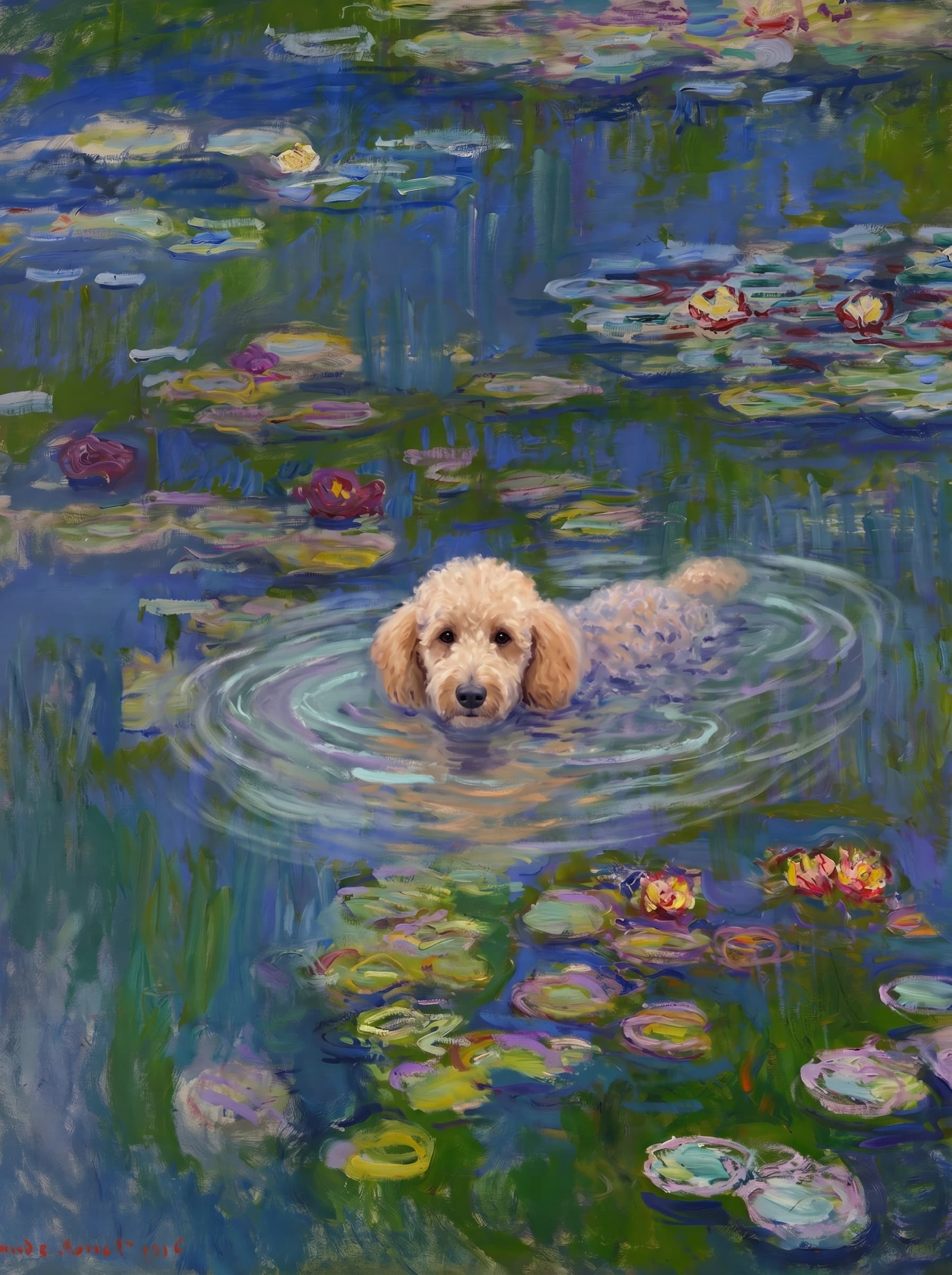 The pet should appear naturally integrated into the middle of the pond, swimming calmly through the water with only its head, upper neck, and a subtle suggestion of its back visible above the surface.
      The pet should be facing forward and looking directly at the viewer. Its wet fur should be suggested through painterly strokes.
      Blend the pet into the scene using Monet-like impressionist oil painting techniques: visible layered brushstrokes, soft broken color, blue-green reflections, violet shadows, golden-orange highlights, and shimmering ripples around the pet. 
      The water should partially obscure the pet’s body, with delicate circular ripples spreading outward. Nearby lily pads and water lilies should remain undisturbed but subtly interact with the ripples.
      The pet must feel like it was originally painted into the artwork, not pasted on top. Match the atmospheric softness, painterly texture, scale, perspective, and color harmony of the original Water Lilies painting. 
      Avoid photorealism, sharp outlines, modern digital effects, or excessive detail. The final image should look like a whimsical impressionist oil painting in the spirit of late Monet, with the pet quietly swimming among the lily pads at the center of the pond.
      Art Style: Paint in Fauvism, post-impressionism style. Use simplified shapes, exaggerates color, and flattens perspective to create charm and personality.
Use saturated, non-naturalistic colors and flattened perspective reminiscent of Henri Matisse.
The brushwork is loose, visible, and painterly, with uneven strokes that give the surface texture and movement.
Paint with large areas of flat color patches, simplified shapes, bold decorative outlines, and minimal blending.
The composition is flattened and slightly distorted, with compressed perspective.
The painting is expressive, utilizing thick, confident strokes and quick, rhythmic marks that prioritize texture and visual energy over realistic blending or depth.