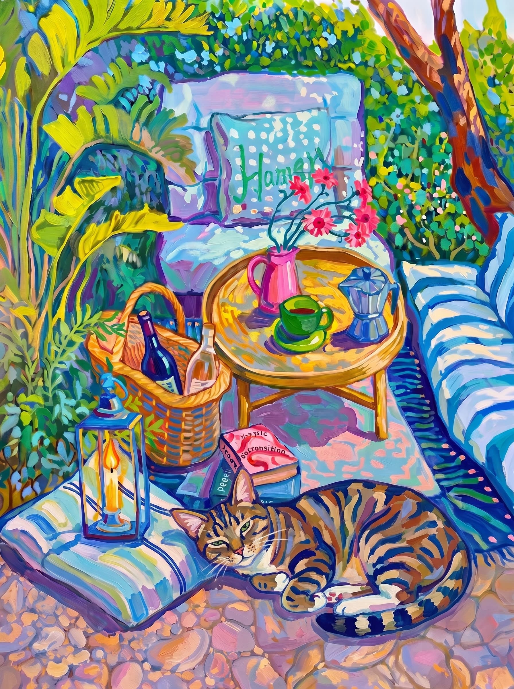a cozy garden patio filled with lush tropical greenery, blue-and-white striped cushions, a round rattan table, picnic basket, lantern, books, flowers.
The pet is lazily resting in the foreground, almost fall asleep with a relaxed and content expression.
The composition feels intimate and inviting, with foliage and a tree trunk framing the scene, the circular table anchoring the center, and expressive brushwork plus dappled light creating a lively, relaxed outdoor atmosphere.
Art Style: Paint in Fauvism, post-impressionism style. Use simplified shapes, exaggerates color, and flattens perspective to create charm and personality.
Use saturated, non-naturalistic colors and flattened perspective reminiscent of Henri Matisse.
The brushwork is loose, visible, and painterly, with uneven strokes that give the surface texture and movement.
Paint with large areas of flat color patches, simplified shapes, bold decorative outlines, and minimal blending.
The composition is flattened and slightly distorted, with compressed perspective.
The painting is expressive, utilizing thick, confident strokes and quick, rhythmic marks that prioritize texture and visual energy over realistic blending or depth.
