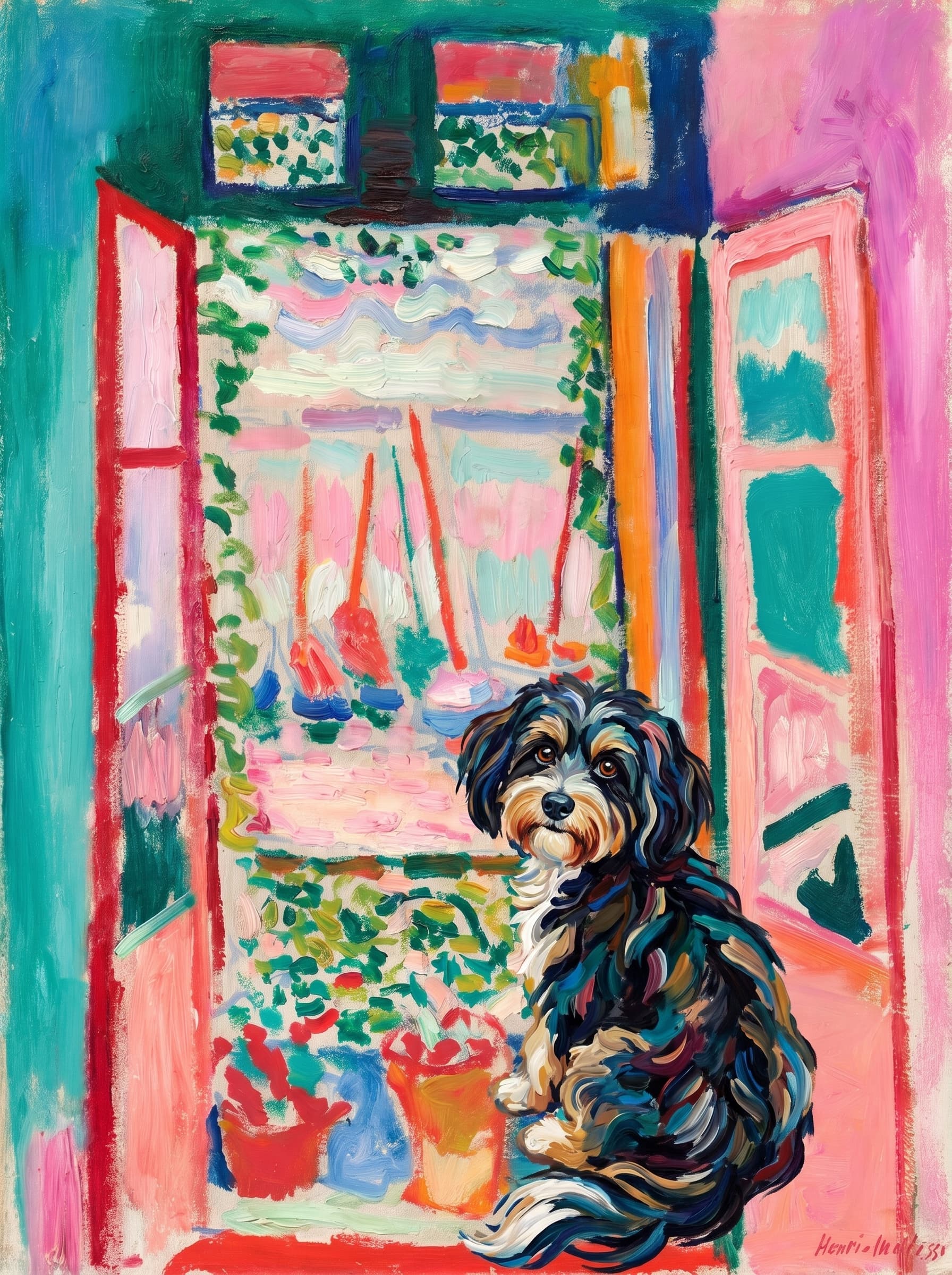 A pet sitting on the right bottom frame of an open door, with its back to the opening while facing the room, looking at the viewer, slight leaning on the right-side door panel. Paint in post-impressionism style. Use loosely painted, vibrantly colored, stylized, vertical painting.