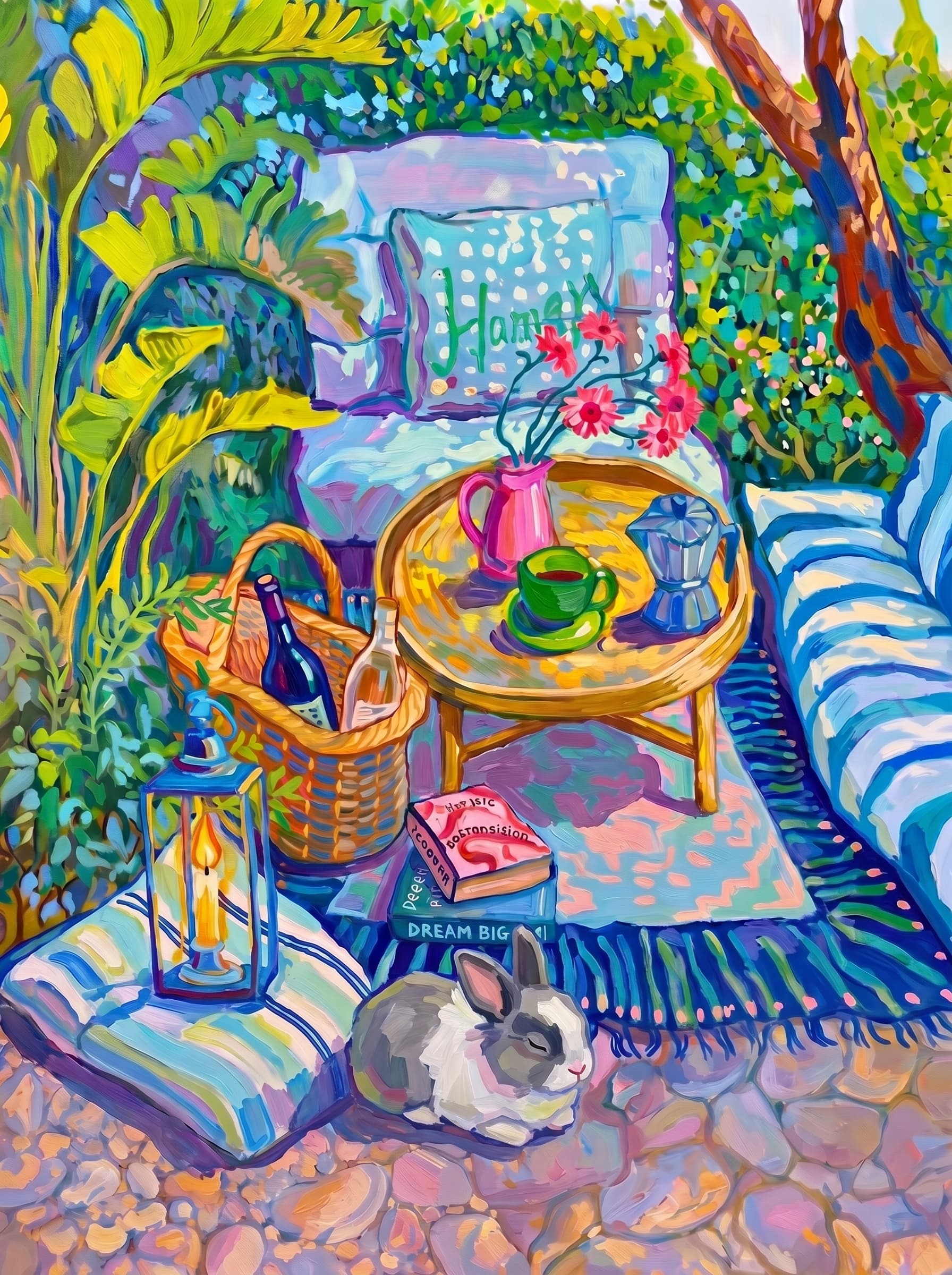 a cozy garden patio filled with lush tropical greenery, blue-and-white striped cushions, a round rattan table, picnic basket, lantern, books, flowers.
The pet is lazily resting in the foreground, almost fall asleep with a relaxed and content expression.
The composition feels intimate and inviting, with foliage and a tree trunk framing the scene, the circular table anchoring the center, and expressive brushwork plus dappled light creating a lively, relaxed outdoor atmosphere.
Art Style: Paint in Fauvism, post-impressionism style. Use simplified shapes, exaggerates color, and flattens perspective to create charm and personality.
Use saturated, non-naturalistic colors and flattened perspective reminiscent of Henri Matisse.
The brushwork is loose, visible, and painterly, with uneven strokes that give the surface texture and movement.
Paint with large areas of flat color patches, simplified shapes, bold decorative outlines, and minimal blending.
The composition is flattened and slightly distorted, with compressed perspective.
The painting is expressive, utilizing thick, confident strokes and quick, rhythmic marks that prioritize texture and visual energy over realistic blending or depth.