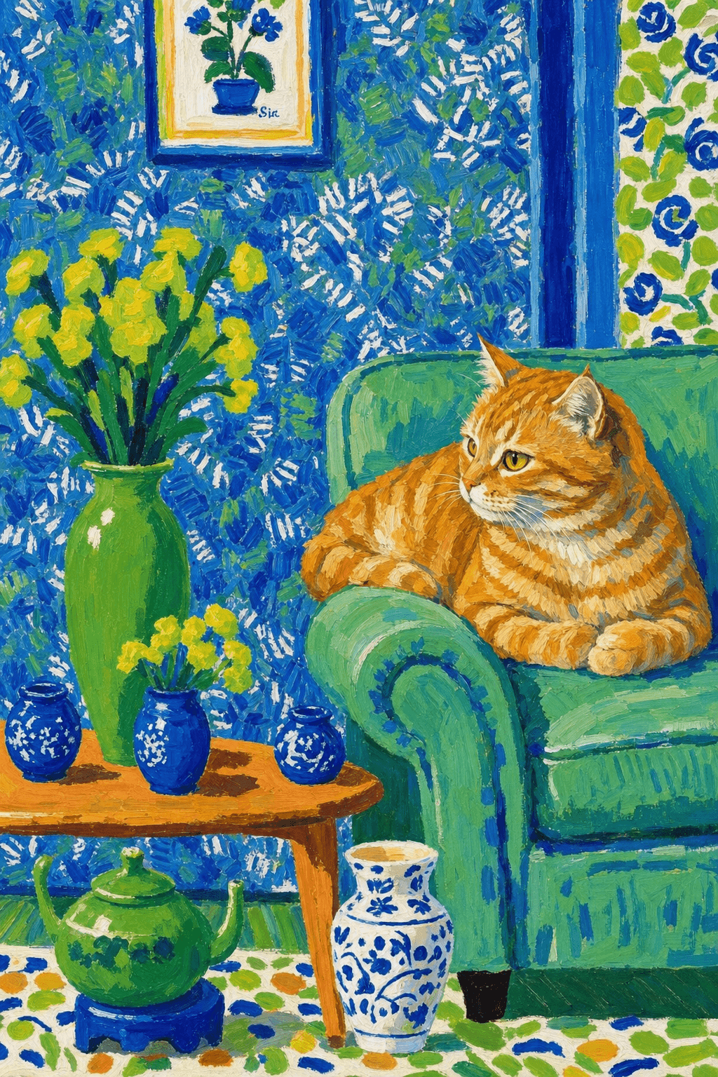 A pet lazy lying on the couch, with head tilt on the edge of couch, eye looking at the the vase. paint in post-impressionism style. Use saturated, non-naturalistic colors and flattened perspective reminiscent of Henri Matisse. painterly and expressive, utilizing thick, confident strokes and quick, rhythmic marks that prioritize texture and visual energy over realistic blending or depth.