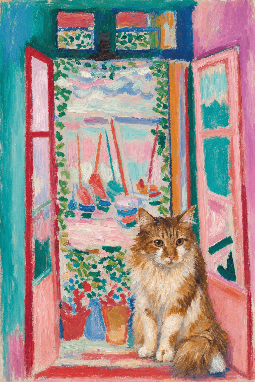 A pet sitting on the right bottom frame of an open door, with its back to the opening while facing the room, looking at the viewer, slight leaning on the right-side door panel. Paint in post-impressionism style. Use loosely painted, vibrantly colored, stylized, vertical painting.