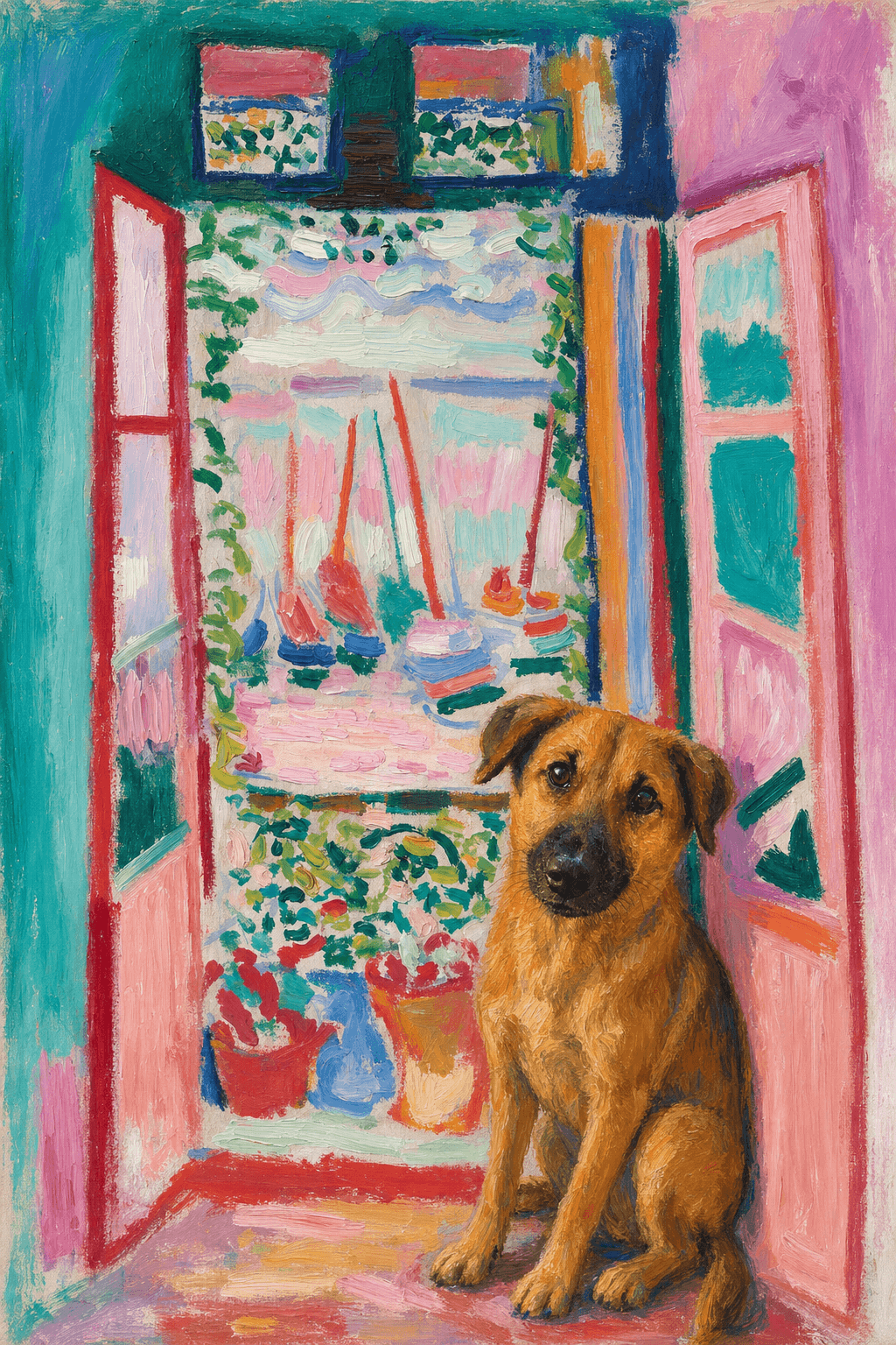 A pet sitting on the right bottom frame of an open door, with its back to the opening while facing the room, looking at the viewer, slight leaning on the right-side door panel. Paint in post-impressionism style. Use loosely painted, vibrantly colored, stylized, vertical painting.