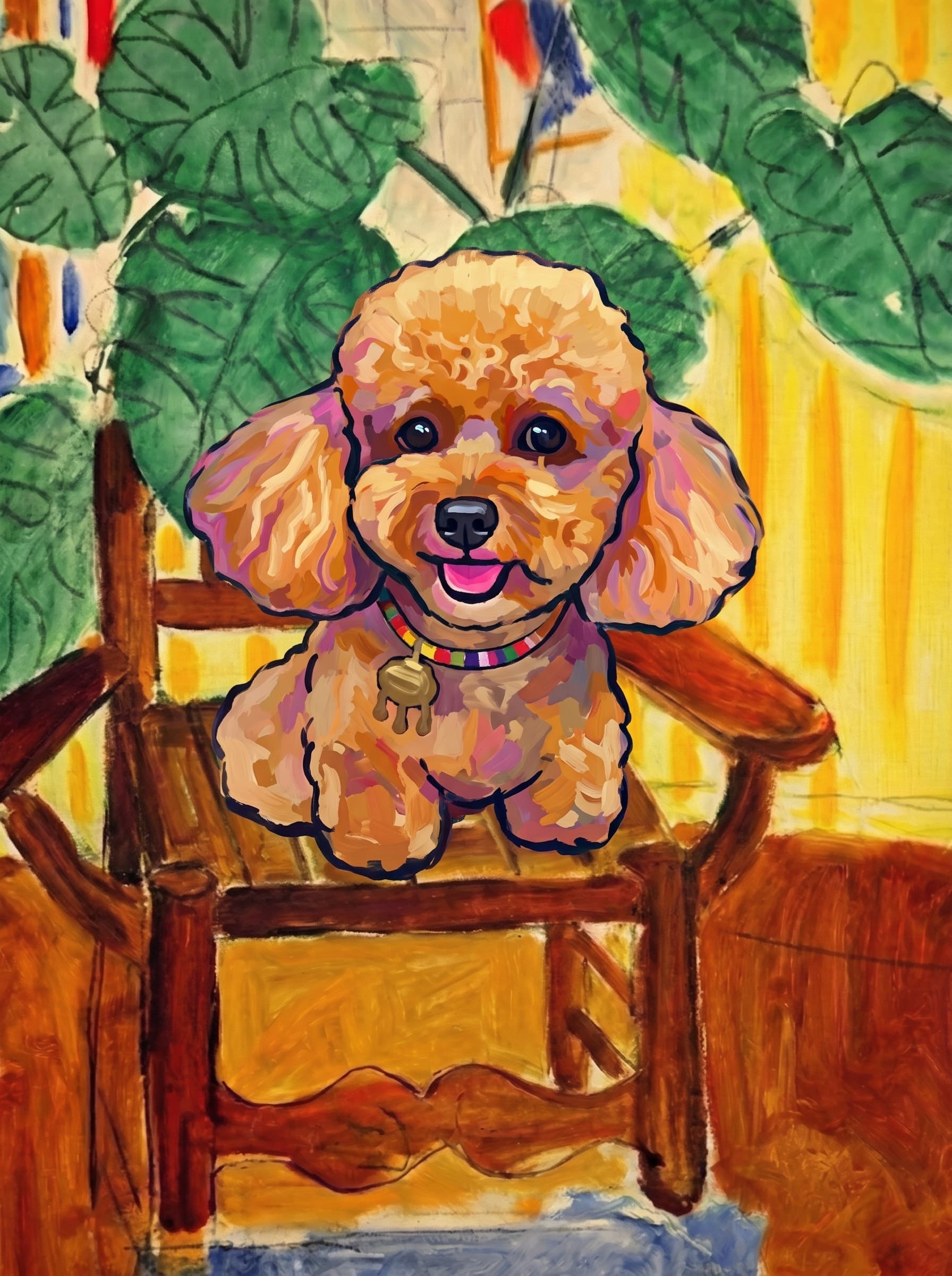 A pet sitting on a brown chair, looking at the viewer. Art Style: Paint in Fauvism, post-impressionism style. Use simplified shapes, exaggerates color, and flattens perspective to create charm and personality.
Use saturated, non-naturalistic colors and flattened perspective reminiscent of Henri Matisse.
The brushwork is loose, visible, and painterly, with uneven strokes that give the surface texture and movement.
Paint with large areas of flat color patches, simplified shapes, bold decorative outlines, and minimal blending.
The composition is flattened and slightly distorted, with compressed perspective.
The painting is expressive, utilizing thick, confident strokes and quick, rhythmic marks that prioritize texture and visual energy over realistic blending or depth.