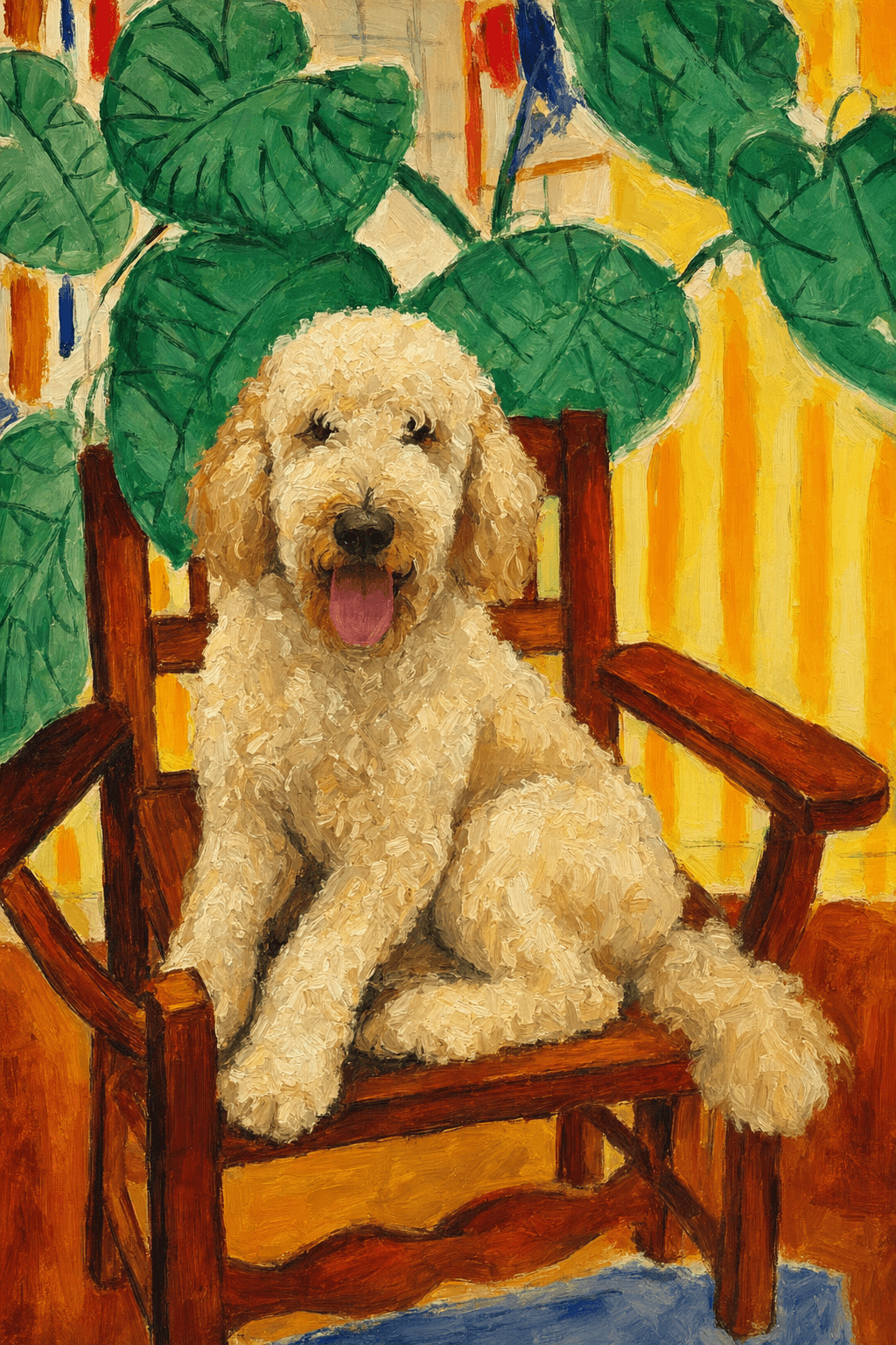 A pet sitting on a brown chair, looking at the viewer. Colors are applied with minimal blending, creating a flat, illustrative feel. The brushwork is broad, rapid, and direct. Strokes are loose, visible, applied thinly, defining the forms quickly without building up significant physical texture or impasto on the surface.