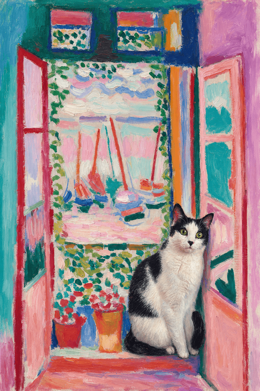 A pet sitting on the right bottom frame of an open door, with its back to the opening while facing the room, looking at the viewer, slight leaning on the right-side door panel. Paint in post-impressionism style. Use loosely painted, vibrantly colored, stylized, vertical painting.