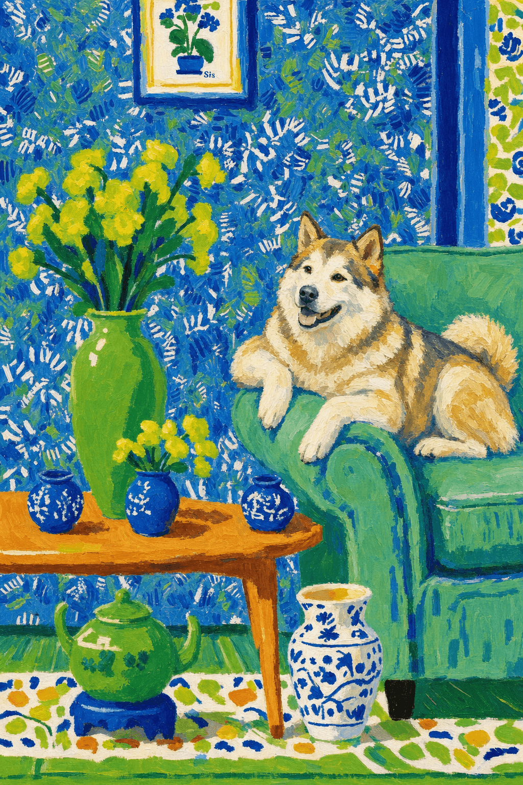 A pet lazy lying on the couch, with head tilt on the edge of couch, eye looking at the the vase. Art Style: Paint in Fauvism, post-impressionism style. Use simplified shapes, exaggerates color, and flattens perspective to create charm and personality.
Use saturated, non-naturalistic colors and flattened perspective reminiscent of Henri Matisse.
The brushwork is loose, visible, and painterly, with uneven strokes that give the surface texture and movement.
Paint with large areas of flat color patches, simplified shapes, bold decorative outlines, and minimal blending.
The composition is flattened and slightly distorted, with compressed perspective.
The painting is expressive, utilizing thick, confident strokes and quick, rhythmic marks that prioritize texture and visual energy over realistic blending or depth.