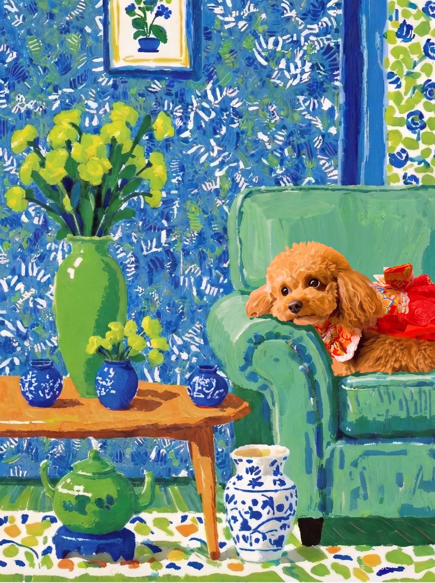 A pet lazy lying on the couch, with head tilt on the edge of couch, eye looking at the the vase. Art Style: Paint in Fauvism, post-impressionism style. Use simplified shapes, exaggerates color, and flattens perspective to create charm and personality.
Use saturated, non-naturalistic colors and flattened perspective reminiscent of Henri Matisse.
The brushwork is loose, visible, and painterly, with uneven strokes that give the surface texture and movement.
Paint with large areas of flat color patches, simplified shapes, bold decorative outlines, and minimal blending.
The composition is flattened and slightly distorted, with compressed perspective.
The painting is expressive, utilizing thick, confident strokes and quick, rhythmic marks that prioritize texture and visual energy over realistic blending or depth.