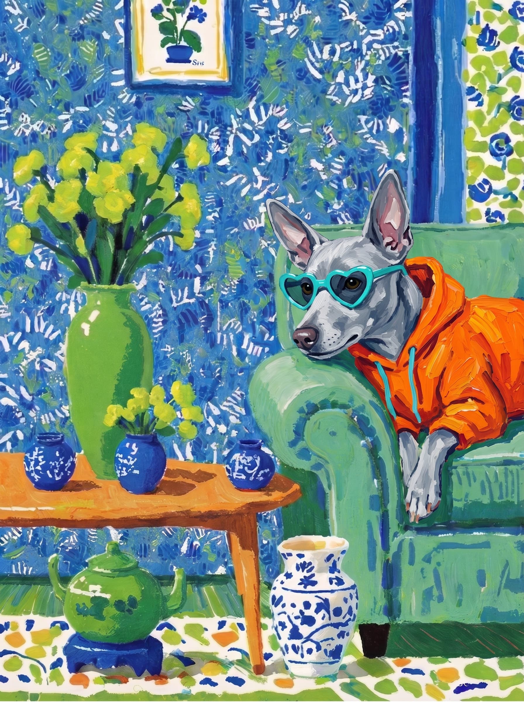 A pet lazy lying on the couch, with head tilt on the edge of couch, eye looking at the the vase. Art Style: Paint in Fauvism, post-impressionism style. Use simplified shapes, exaggerates color, and flattens perspective to create charm and personality.
Use saturated, non-naturalistic colors and flattened perspective reminiscent of Henri Matisse.
The brushwork is loose, visible, and painterly, with uneven strokes that give the surface texture and movement.
Paint with large areas of flat color patches, simplified shapes, bold decorative outlines, and minimal blending.
The composition is flattened and slightly distorted, with compressed perspective.
The painting is expressive, utilizing thick, confident strokes and quick, rhythmic marks that prioritize texture and visual energy over realistic blending or depth.