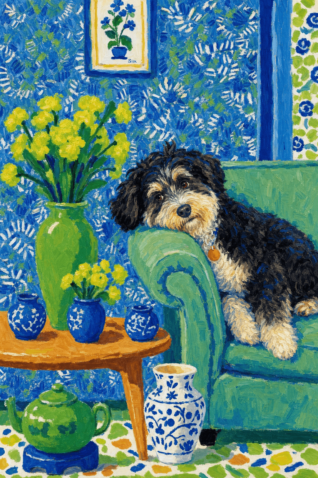 A pet lazy lying on the couch, with head tilt on the edge of couch, eye looking at the the vase. paint in post-impressionism style. Use saturated, non-naturalistic colors and flattened perspective reminiscent of Henri Matisse. painterly and expressive, utilizing thick, confident strokes and quick, rhythmic marks that prioritize texture and visual energy over realistic blending or depth.