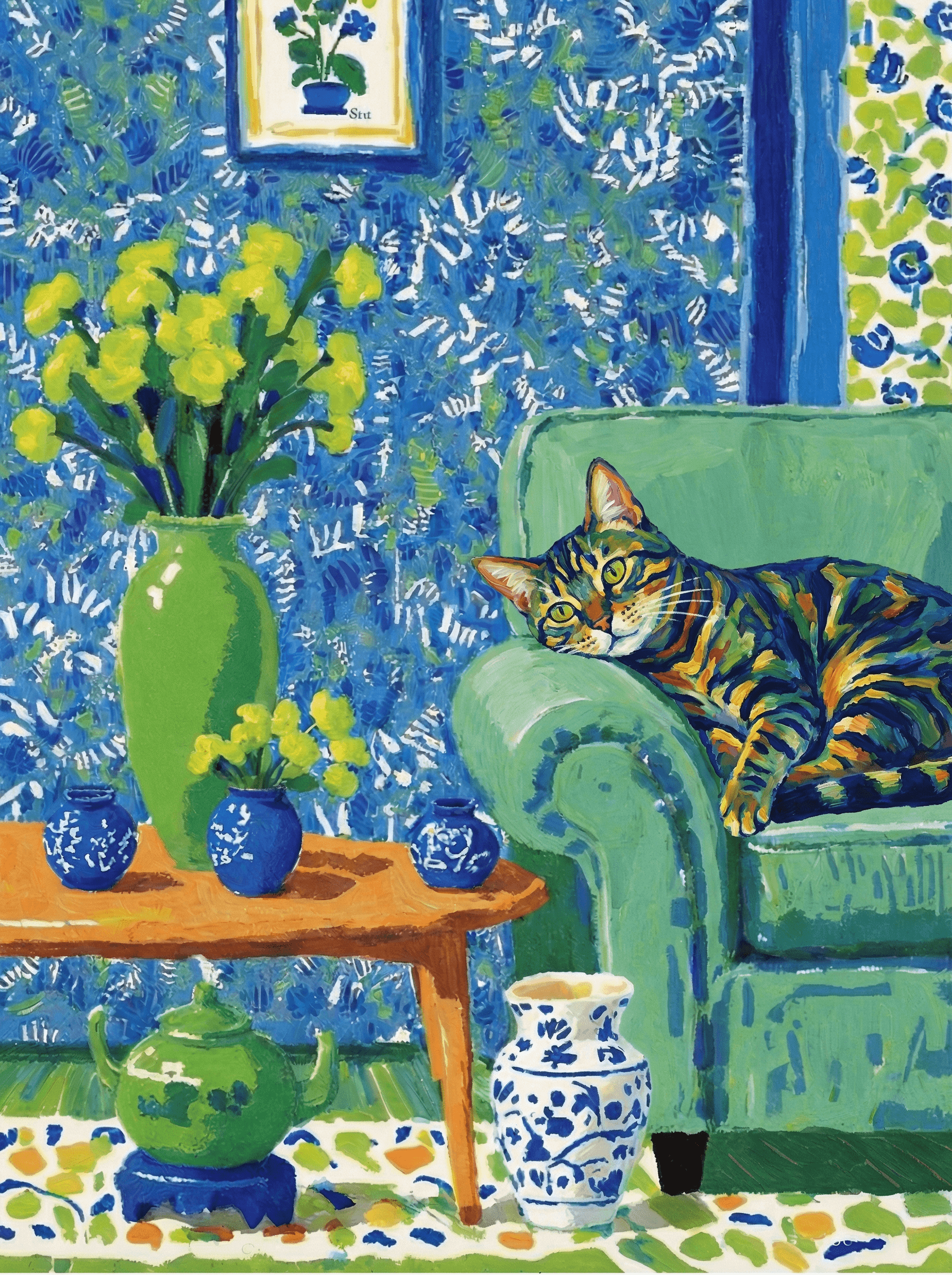 A pet lazy lying on the couch, with head tilt on the edge of couch, eye looking at the the vase. paint in post-impressionism style. Use saturated, non-naturalistic colors and flattened perspective reminiscent of Henri Matisse. painterly and expressive, utilizing thick, confident strokes and quick, rhythmic marks that prioritize texture and visual energy over realistic blending or depth.