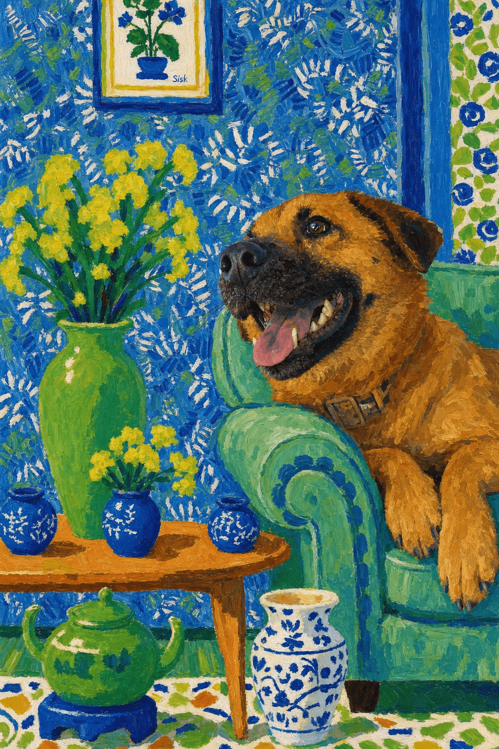 A pet lazy lying on the couch, with head tilt on the edge of couch, eye looking at the the vase. paint in post-impressionism style. Use saturated, non-naturalistic colors and flattened perspective reminiscent of Henri Matisse. painterly and expressive, utilizing thick, confident strokes and quick, rhythmic marks that prioritize texture and visual energy over realistic blending or depth.