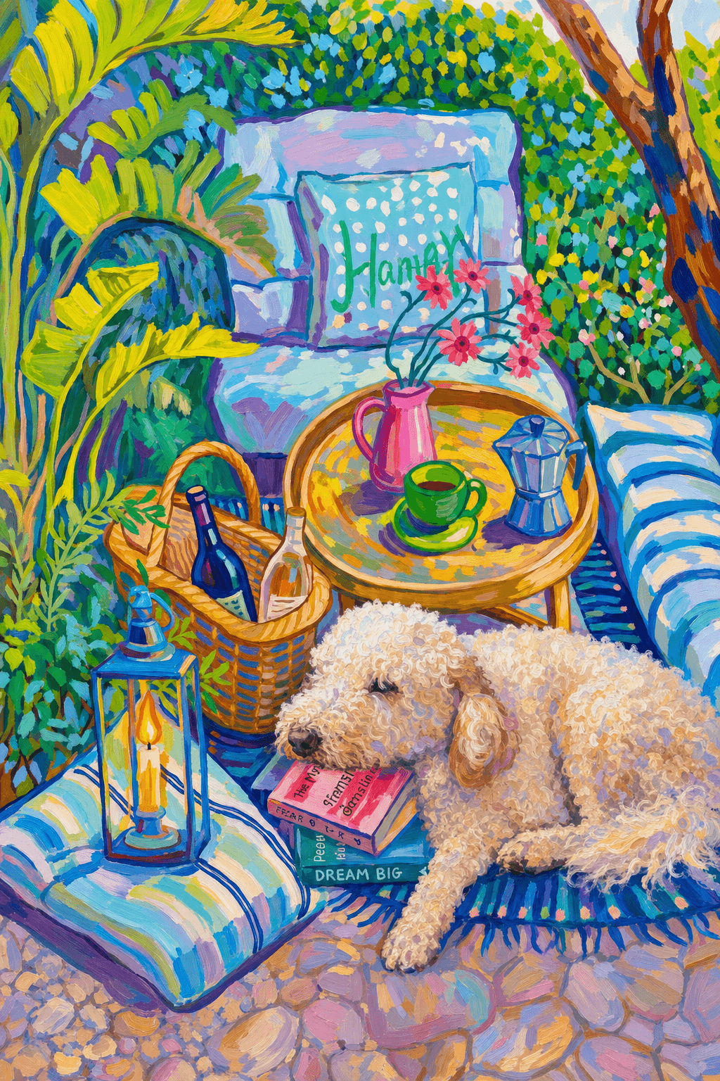 a cozy garden patio filled with lush tropical greenery, blue-and-white striped cushions, a round rattan table, picnic basket, lantern, books, flowers.
      The pet is lazily resting in the foreground, almost fall asleep with a relaxed and content expression.
      The composition feels intimate and inviting, with foliage and a tree trunk framing the scene, the circular table anchoring the center, and expressive brushwork plus dappled light creating a lively, relaxed outdoor atmosphere.
      Art Style: Paint in Fauvism, post-impressionism style. Use simplified shapes, exaggerates color, and flattens perspective to create charm and personality.
Use saturated, non-naturalistic colors and flattened perspective reminiscent of Henri Matisse.
The brushwork is loose, visible, and painterly, with uneven strokes that give the surface texture and movement.
Paint with large areas of flat color patches, simplified shapes, bold decorative outlines, and minimal blending.
The composition is flattened and slightly distorted, with compressed perspective.
The painting is expressive, utilizing thick, confident strokes and quick, rhythmic marks that prioritize texture and visual energy over realistic blending or depth.