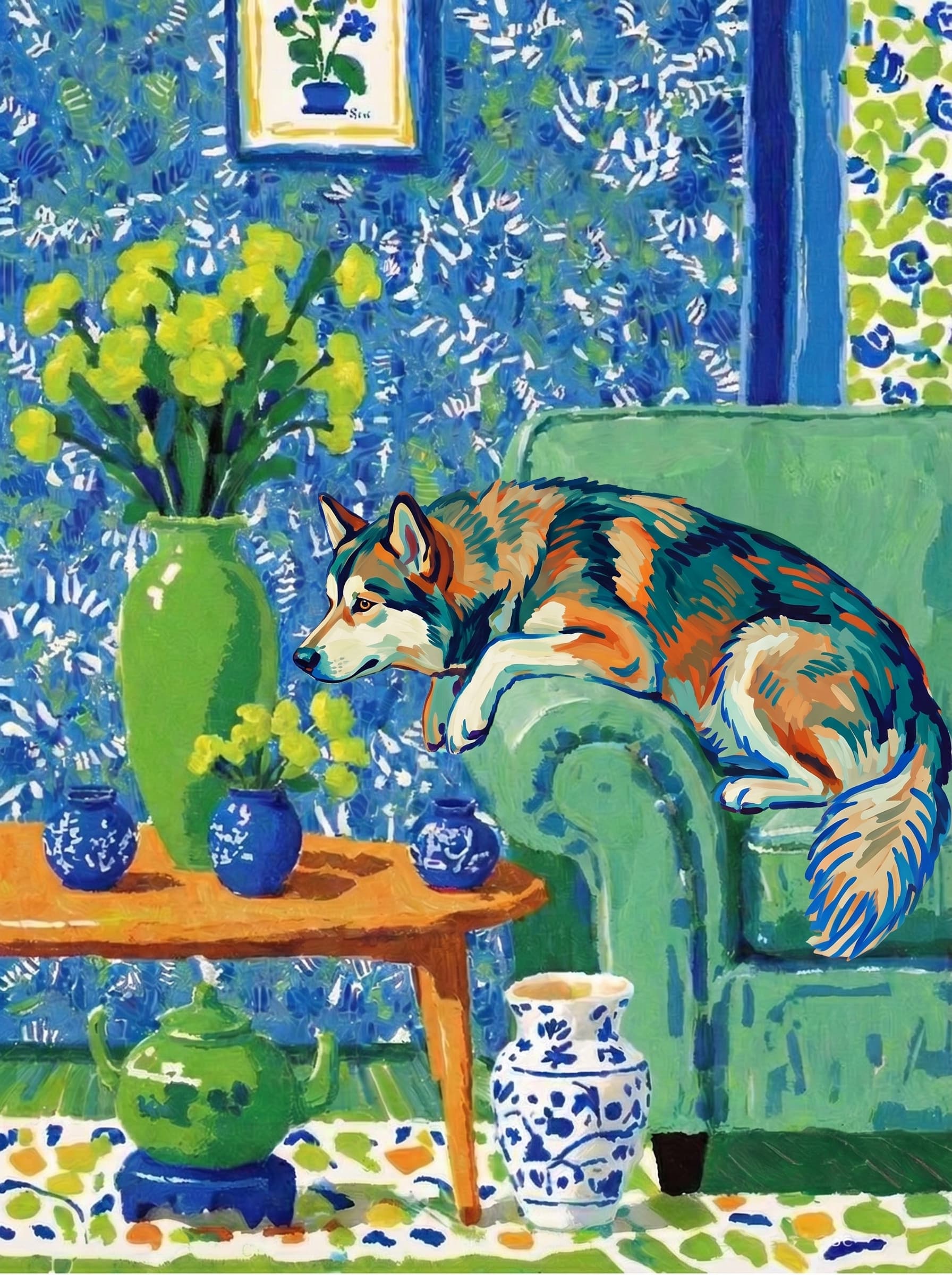 A pet lazy lying on the couch, with head tilt on the edge of couch, eye looking at the the vase. paint in post-impressionism style. Use saturated, non-naturalistic colors and flattened perspective reminiscent of Henri Matisse. painterly and expressive, utilizing thick, confident strokes and quick, rhythmic marks that prioritize texture and visual energy over realistic blending or depth.