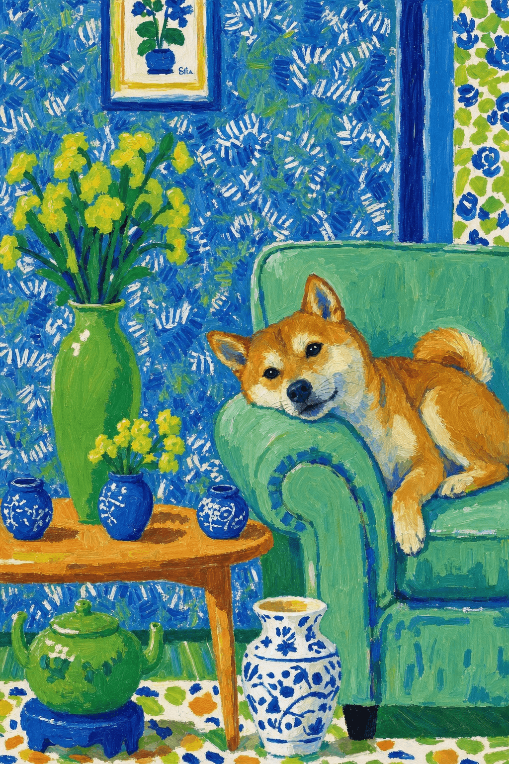 A pet lazy lying on the couch, with head tilt on the edge of couch, eye looking at the the vase. paint in post-impressionism style. Use saturated, non-naturalistic colors and flattened perspective reminiscent of Henri Matisse. painterly and expressive, utilizing thick, confident strokes and quick, rhythmic marks that prioritize texture and visual energy over realistic blending or depth.