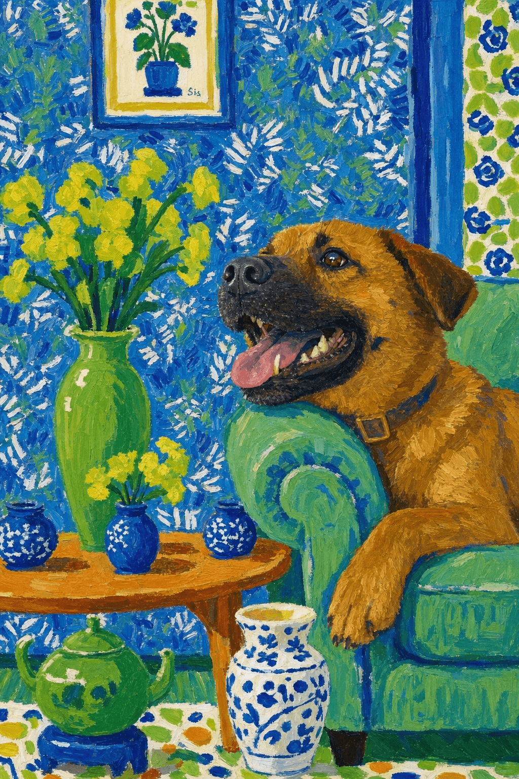 A pet lazy lying on the couch, with head tilt on the edge of couch, eye looking at the the vase. paint in post-impressionism style. Use saturated, non-naturalistic colors and flattened perspective reminiscent of Henri Matisse. painterly and expressive, utilizing thick, confident strokes and quick, rhythmic marks that prioritize texture and visual energy over realistic blending or depth.