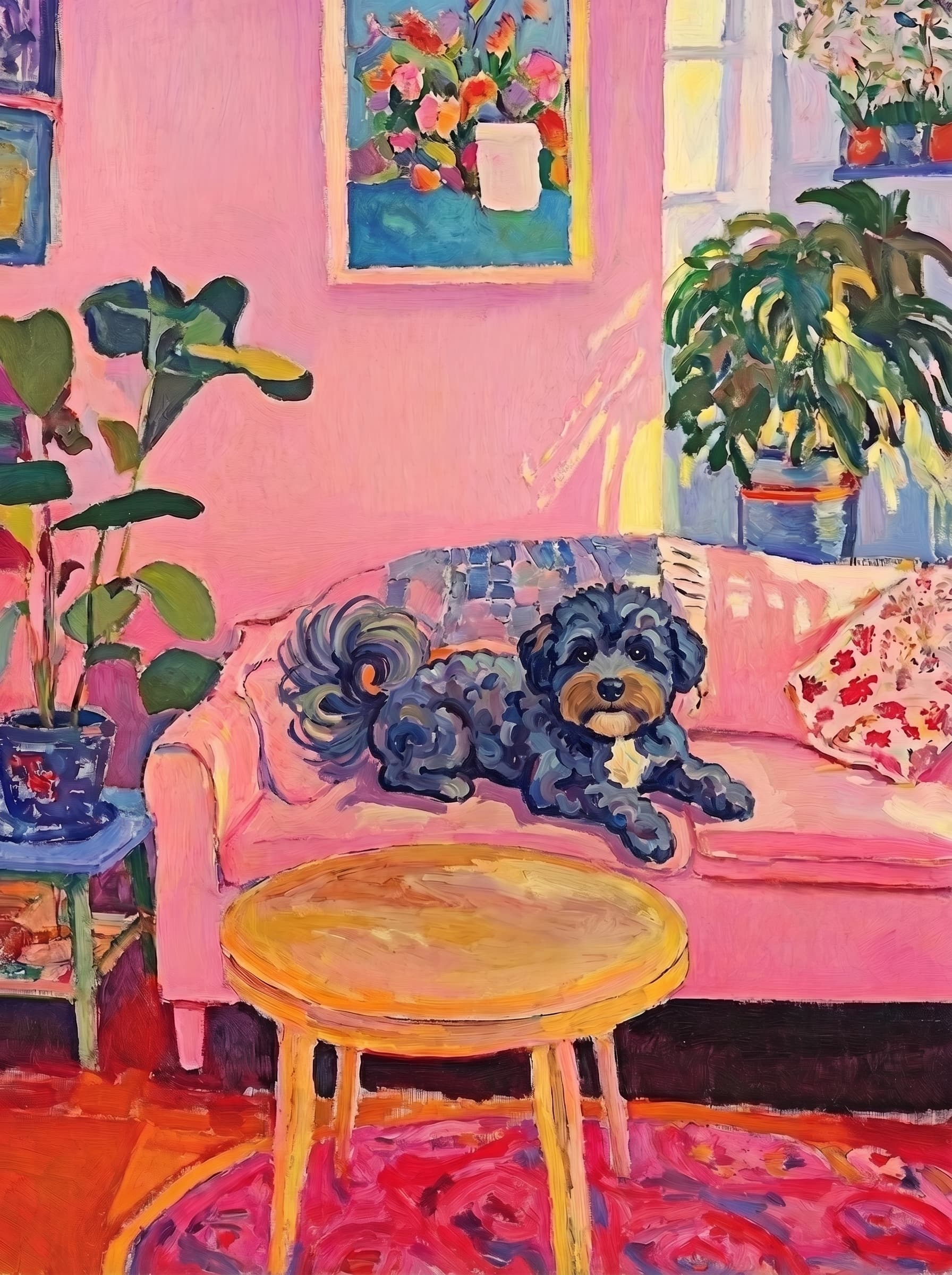 The painting shows a cozy, colorful interior with a warm pink wall and a large pink sofa in the foreground.
The pet is resting lazily on a bright pink velvet sofa. The pet’s looked completely relaxed and content.
The overall mood is cheerful and intimate, with bold outlines, visible brushstrokes, and slightly simplified forms.
Art Style: Paint in Fauvism, post-impressionism style. Use simplified shapes, exaggerates color, and flattens perspective to create charm and personality.
Use saturated, non-naturalistic colors and flattened perspective reminiscent of Henri Matisse.
The brushwork is loose, visible, and painterly, with uneven strokes that give the surface texture and movement.
Paint with large areas of flat color patches, simplified shapes, bold decorative outlines, and minimal blending.
The composition is flattened and slightly distorted, with compressed perspective.
The painting is expressive, utilizing thick, confident strokes and quick, rhythmic marks that prioritize texture and visual energy over realistic blending or depth.