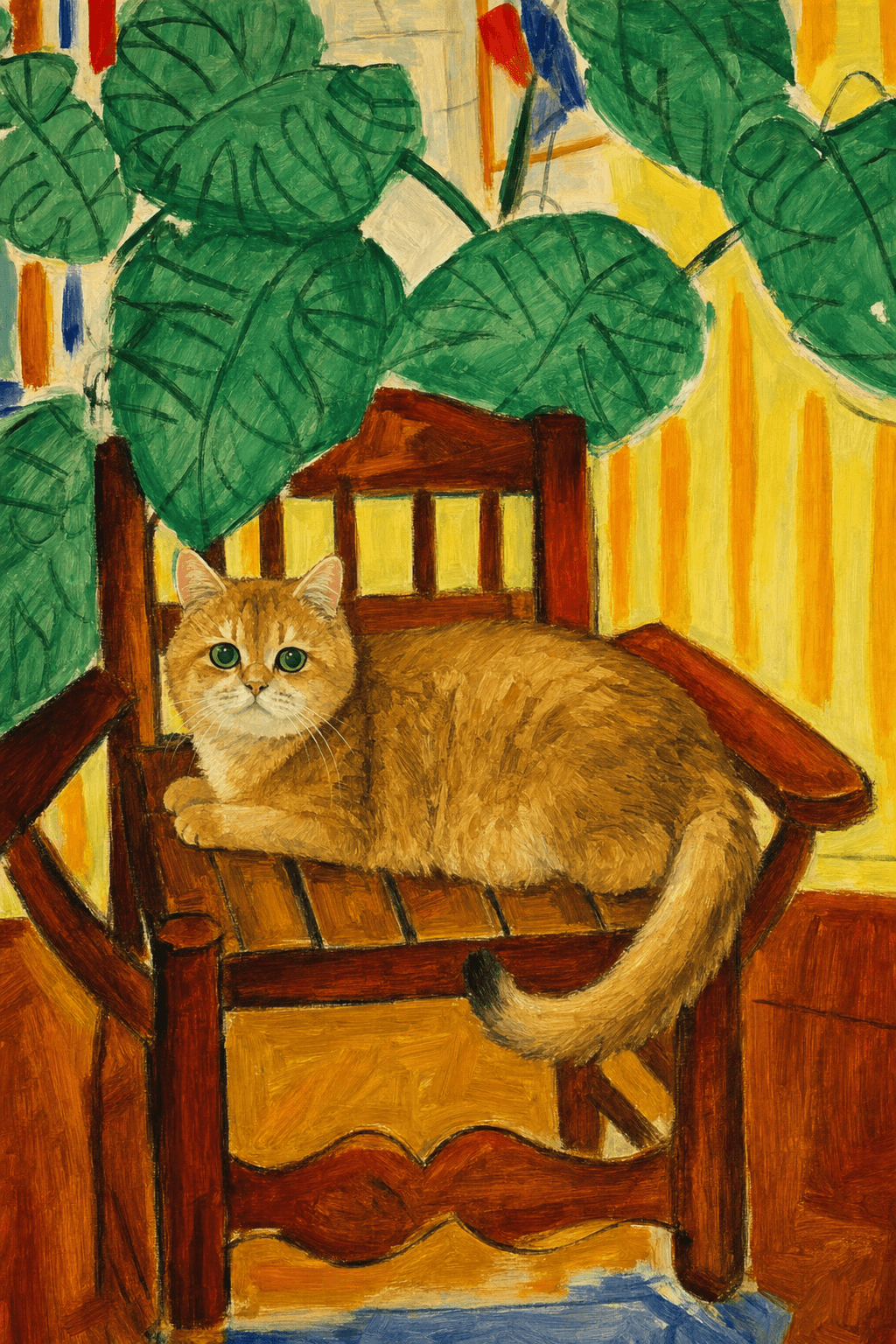 A pet sitting on a brown chair, looking at the viewer. Colors are applied with minimal blending, creating a flat, illustrative feel. The brushwork is broad, rapid, and direct. Strokes are loose, visible, applied thinly, defining the forms quickly without building up significant physical texture or impasto on the surface.
