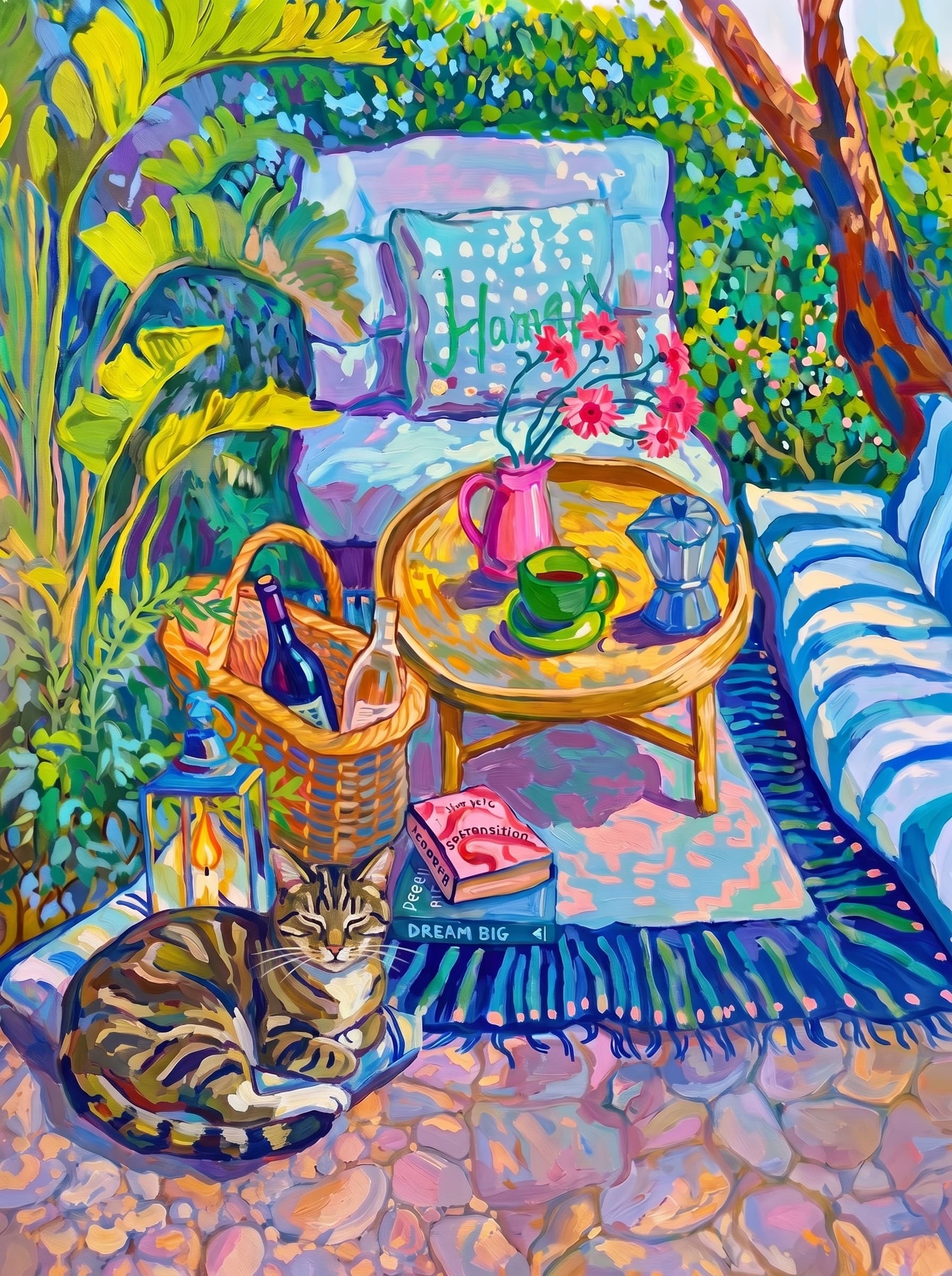 a cozy garden patio filled with lush tropical greenery, blue-and-white striped cushions, a round rattan table, picnic basket, lantern, books, flowers.
The pet is lazily resting in the foreground, almost fall asleep with a relaxed and content expression.
The composition feels intimate and inviting, with foliage and a tree trunk framing the scene, the circular table anchoring the center, and expressive brushwork plus dappled light creating a lively, relaxed outdoor atmosphere.
Art Style: Paint in Fauvism, post-impressionism style. Use simplified shapes, exaggerates color, and flattens perspective to create charm and personality.
Use saturated, non-naturalistic colors and flattened perspective reminiscent of Henri Matisse.
The brushwork is loose, visible, and painterly, with uneven strokes that give the surface texture and movement.
Paint with large areas of flat color patches, simplified shapes, bold decorative outlines, and minimal blending.
The composition is flattened and slightly distorted, with compressed perspective.
The painting is expressive, utilizing thick, confident strokes and quick, rhythmic marks that prioritize texture and visual energy over realistic blending or depth.