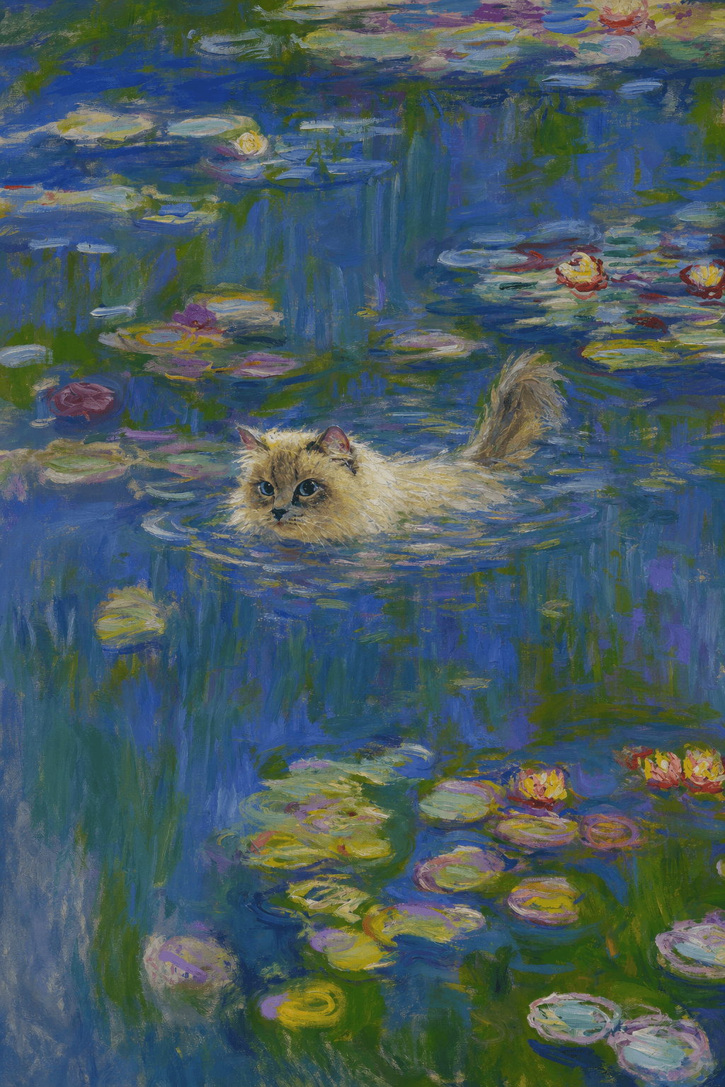 The pet should appear naturally integrated into the middle of the pond, swimming calmly through the water with only its head, upper neck, and a subtle suggestion of its back visible above the surface.
The pet should be facing forward and looking directly at the viewer. Its wet fur should be suggested through painterly strokes.
Blend the pet into the scene using Monet-like impressionist oil painting techniques: visible layered brushstrokes, soft broken color, blue-green reflections, violet shadows, golden-orange highlights, and shimmering ripples around the pet.
The water should partially obscure the pet’s body, with delicate circular ripples spreading outward. Nearby lily pads and water lilies should remain undisturbed but subtly interact with the ripples.
The pet must feel like it was originally painted into the artwork, not pasted on top. Match the atmospheric softness, painterly texture, scale, perspective, and color harmony of the original Water Lilies painting.
Avoid photorealism, sharp outlines, modern digital effects, or excessive detail. The final image should look like a whimsical impressionist oil painting in the spirit of late Monet, with the pet quietly swimming among the lily pads at the center of the pond.
Art Style: Paint in Fauvism, post-impressionism style. Use simplified shapes, exaggerates color, and flattens perspective to create charm and personality.
Use saturated, non-naturalistic colors and flattened perspective reminiscent of Henri Matisse.
The brushwork is loose, visible, and painterly, with uneven strokes that give the surface texture and movement.
Paint with large areas of flat color patches, simplified shapes, bold decorative outlines, and minimal blending.
The composition is flattened and slightly distorted, with compressed perspective.
The painting is expressive, utilizing thick, confident strokes and quick, rhythmic marks that prioritize texture and visual energy over realistic blending or depth.