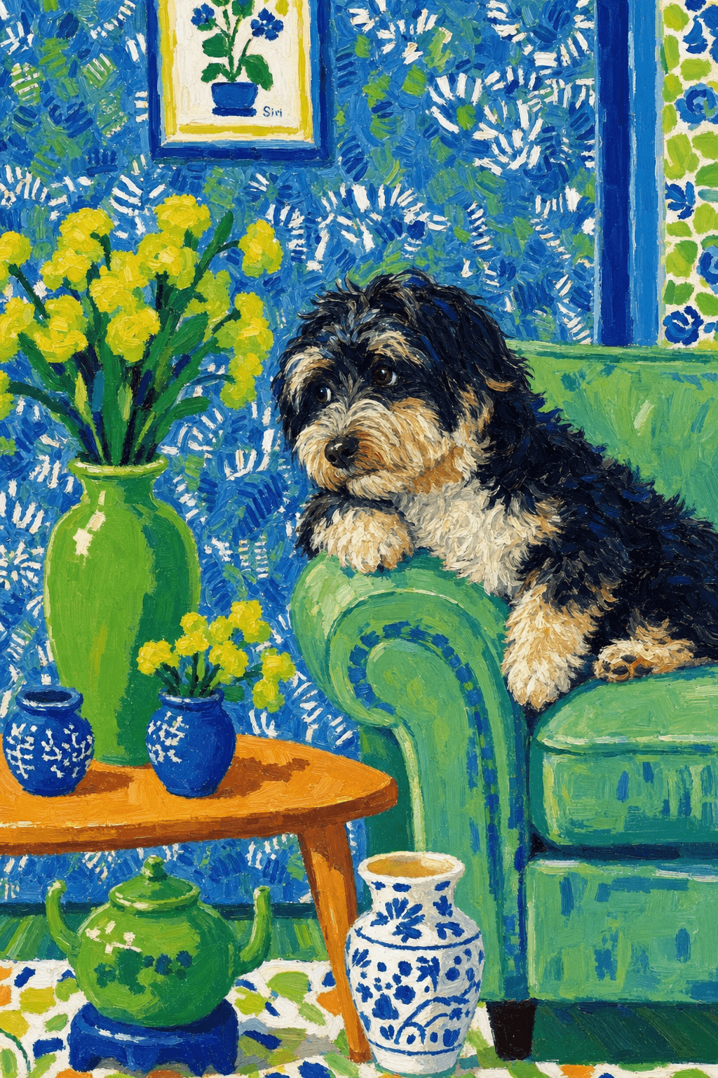 A pet lazy lying on the couch, with head tilt on the edge of couch, eye looking at the the vase. paint in post-impressionism style. Use saturated, non-naturalistic colors and flattened perspective reminiscent of Henri Matisse. painterly and expressive, utilizing thick, confident strokes and quick, rhythmic marks that prioritize texture and visual energy over realistic blending or depth.