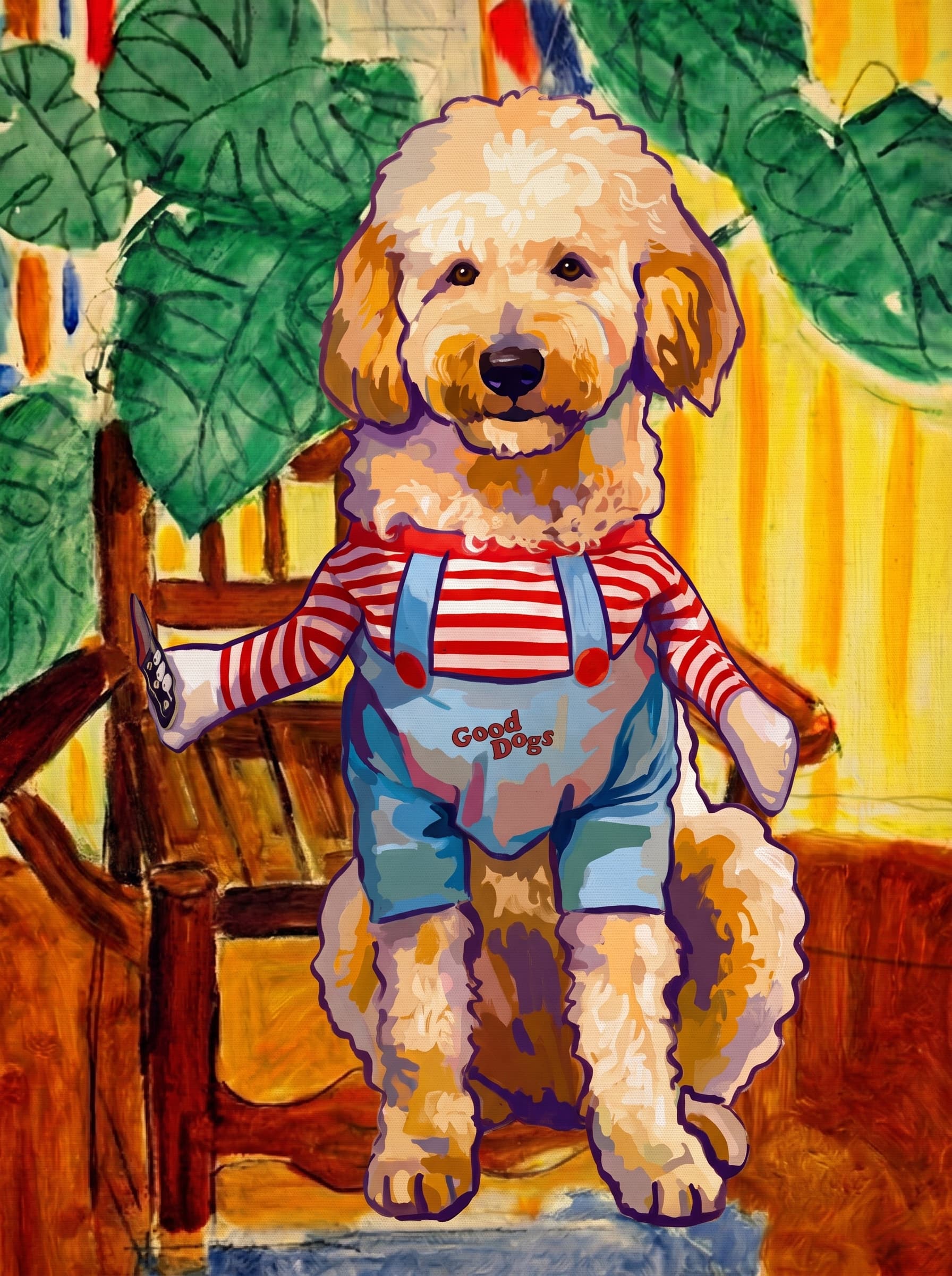 A pet sitting on a brown chair, looking at the viewer. Art Style: Paint in Fauvism, post-impressionism style. Use simplified shapes, exaggerates color, and flattens perspective to create charm and personality.
Use saturated, non-naturalistic colors and flattened perspective reminiscent of Henri Matisse.
The brushwork is loose, visible, and painterly, with uneven strokes that give the surface texture and movement.
Paint with large areas of flat color patches, simplified shapes, bold decorative outlines, and minimal blending.
The composition is flattened and slightly distorted, with compressed perspective.
The painting is expressive, utilizing thick, confident strokes and quick, rhythmic marks that prioritize texture and visual energy over realistic blending or depth.