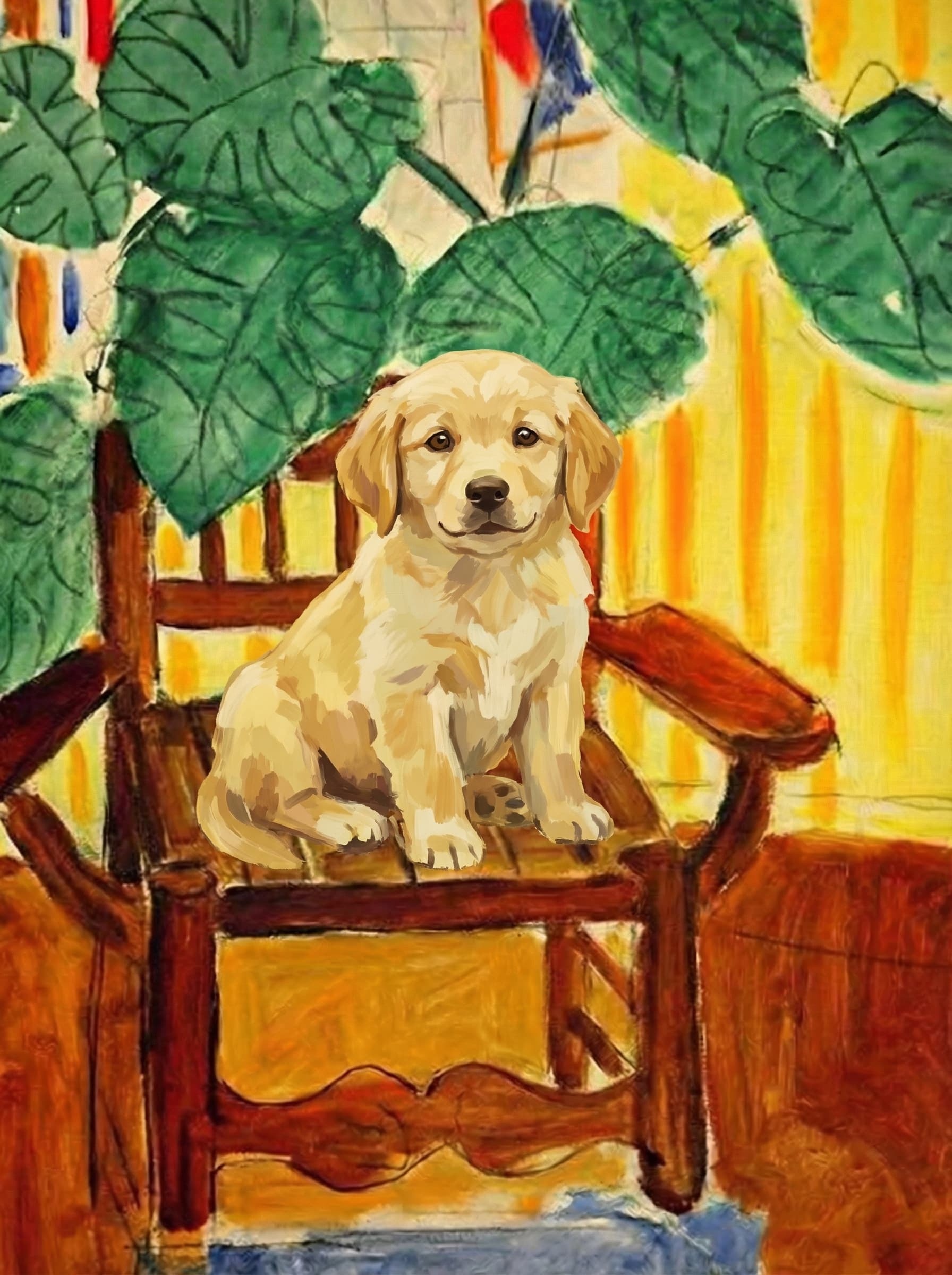 A pet sitting on a brown chair, looking at the viewer. Colors are applied with minimal blending, creating a flat, illustrative feel. The brushwork is broad, rapid, and direct. Strokes are loose, visible, applied thinly, defining the forms quickly without building up significant physical texture or impasto on the surface.