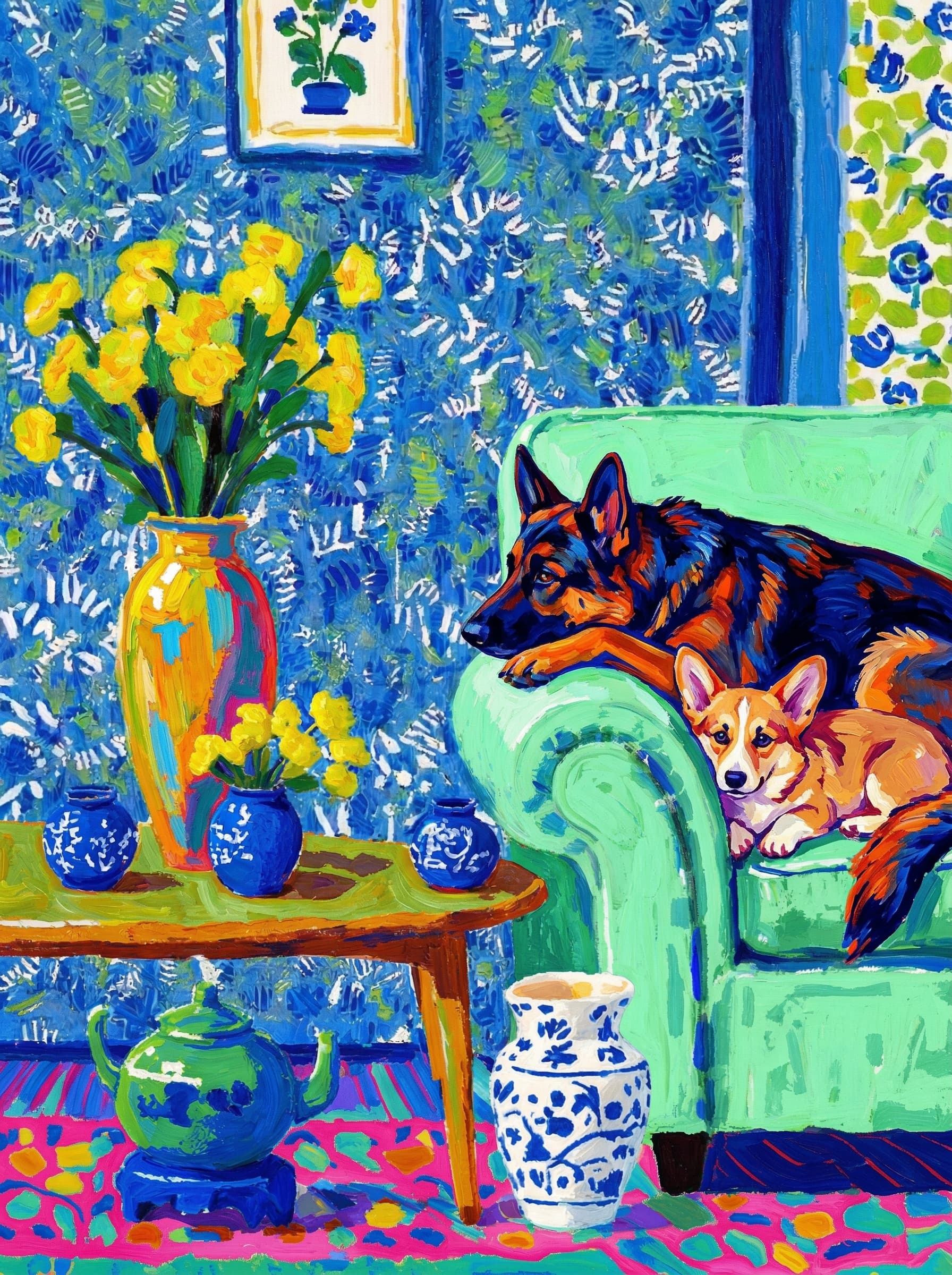 A pet lazy lying on the couch, with head tilt on the edge of couch, eye looking at the the vase. paint in post-impressionism style. Use saturated, non-naturalistic colors and flattened perspective reminiscent of Henri Matisse. painterly and expressive, utilizing thick, confident strokes and quick, rhythmic marks that prioritize texture and visual energy over realistic blending or depth.