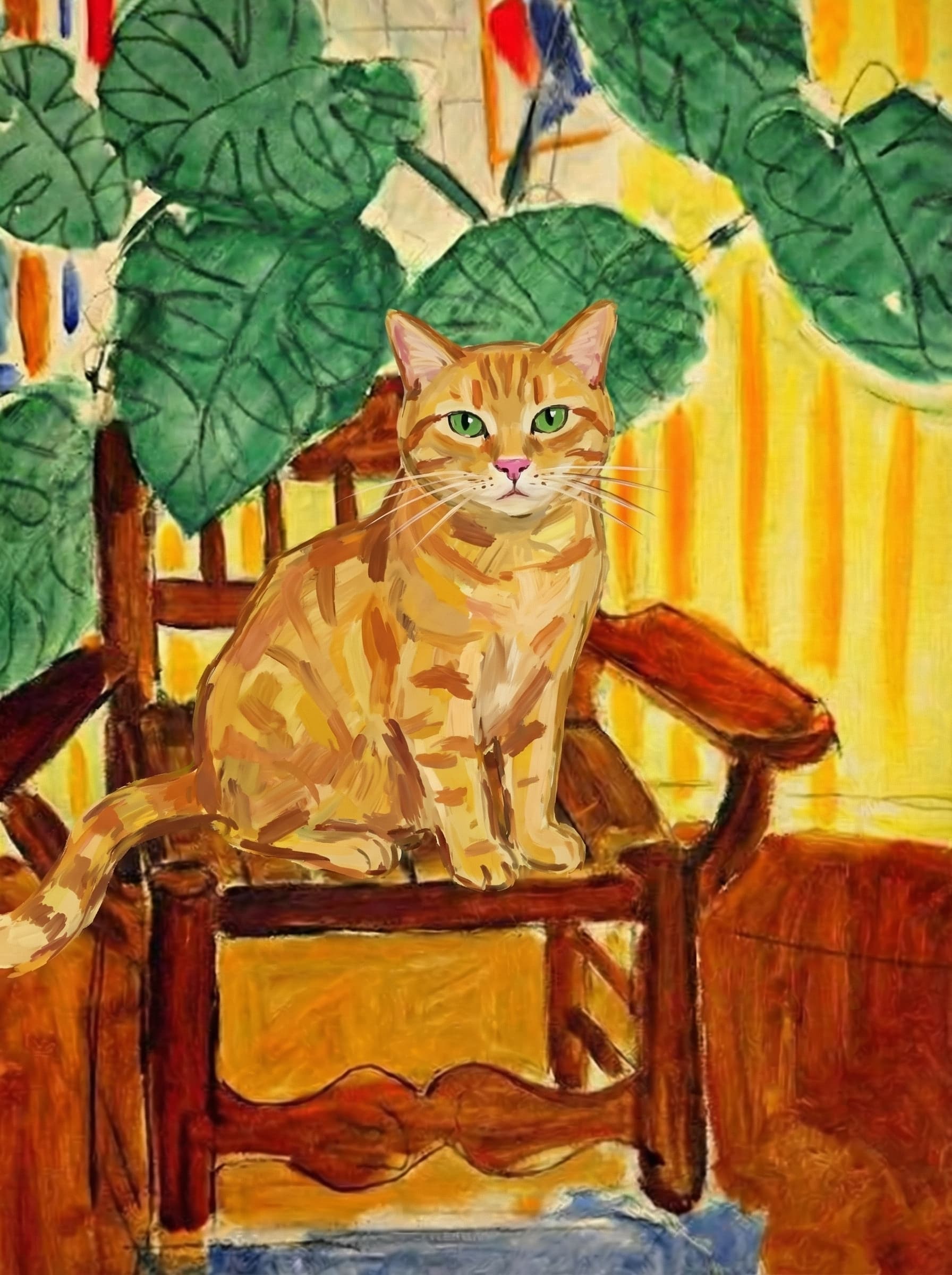 A pet sitting on a brown chair, looking at the viewer. Colors are applied with minimal blending, creating a flat, illustrative feel. The brushwork is broad, rapid, and direct. Strokes are loose, visible, applied thinly, defining the forms quickly without building up significant physical texture or impasto on the surface.