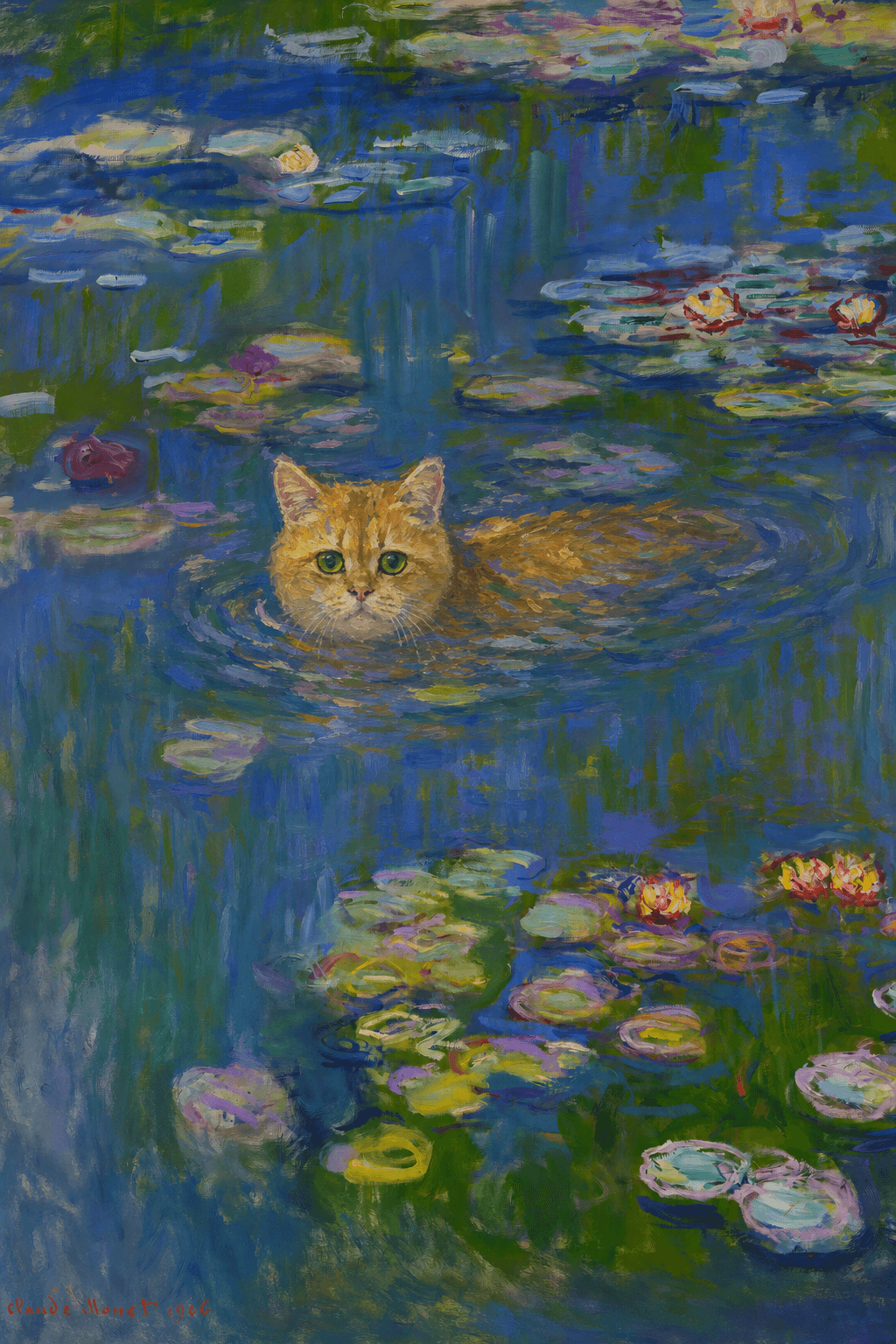 The pet should appear naturally integrated into the middle of the pond, swimming calmly through the water with only its head, upper neck, and a subtle suggestion of its back visible above the surface.
The pet should be facing forward and looking directly at the viewer. Its wet fur should be suggested through painterly strokes.
Blend the pet into the scene using Monet-like impressionist oil painting techniques: visible layered brushstrokes, soft broken color, blue-green reflections, violet shadows, golden-orange highlights, and shimmering ripples around the pet.
The water should partially obscure the pet’s body, with delicate circular ripples spreading outward. Nearby lily pads and water lilies should remain undisturbed but subtly interact with the ripples.
The pet must feel like it was originally painted into the artwork, not pasted on top. Match the atmospheric softness, painterly texture, scale, perspective, and color harmony of the original Water Lilies painting.
Avoid photorealism, sharp outlines, modern digital effects, or excessive detail. The final image should look like a whimsical impressionist oil painting in the spirit of late Monet, with the pet quietly swimming among the lily pads at the center of the pond.
Art Style: Paint in Fauvism, post-impressionism style. Use simplified shapes, exaggerates color, and flattens perspective to create charm and personality.
Use saturated, non-naturalistic colors and flattened perspective reminiscent of Henri Matisse.
The brushwork is loose, visible, and painterly, with uneven strokes that give the surface texture and movement.
Paint with large areas of flat color patches, simplified shapes, bold decorative outlines, and minimal blending.
The composition is flattened and slightly distorted, with compressed perspective.
The painting is expressive, utilizing thick, confident strokes and quick, rhythmic marks that prioritize texture and visual energy over realistic blending or depth.