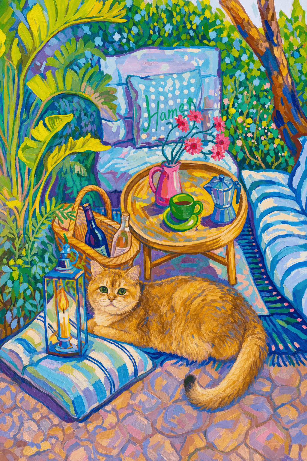 a cozy garden patio filled with lush tropical greenery, blue-and-white striped cushions, a round rattan table, picnic basket, lantern, books, flowers.
      The pet is lazily resting in the foreground, almost fall asleep with a relaxed and content expression.
      The composition feels intimate and inviting, with foliage and a tree trunk framing the scene, the circular table anchoring the center, and expressive brushwork plus dappled light creating a lively, relaxed outdoor atmosphere.
      Art Style: Paint in Fauvism, post-impressionism style. Use simplified shapes, exaggerates color, and flattens perspective to create charm and personality.
Use saturated, non-naturalistic colors and flattened perspective reminiscent of Henri Matisse.
The brushwork is loose, visible, and painterly, with uneven strokes that give the surface texture and movement.
Paint with large areas of flat color patches, simplified shapes, bold decorative outlines, and minimal blending.
The composition is flattened and slightly distorted, with compressed perspective.
The painting is expressive, utilizing thick, confident strokes and quick, rhythmic marks that prioritize texture and visual energy over realistic blending or depth.