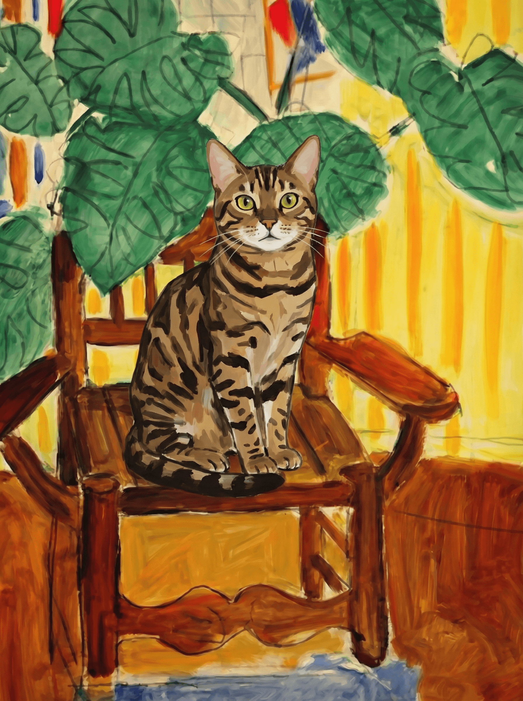 A pet sitting on a brown chair, looking at the viewer. Colors are applied with minimal blending, creating a flat, illustrative feel. The brushwork is broad, rapid, and direct. Strokes are loose, visible, applied thinly, defining the forms quickly without building up significant physical texture or impasto on the surface.